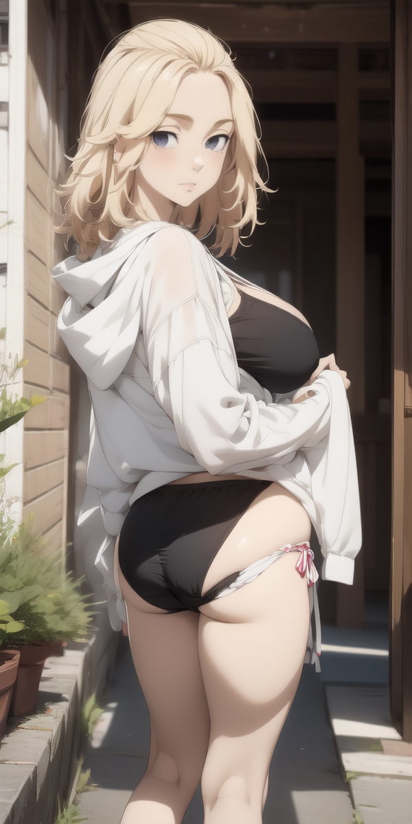 1girls ai_generated big_breasts big_butt black_eyes blonde_female blonde_hair boobs_and_butt_pose cute genderswap_(mtf) hourglass_figure looking_at_viewer looking_back manjiro_sano mikey_(tokyo_revengers) rule_63 small_waist swimsuit tokyo_revengers