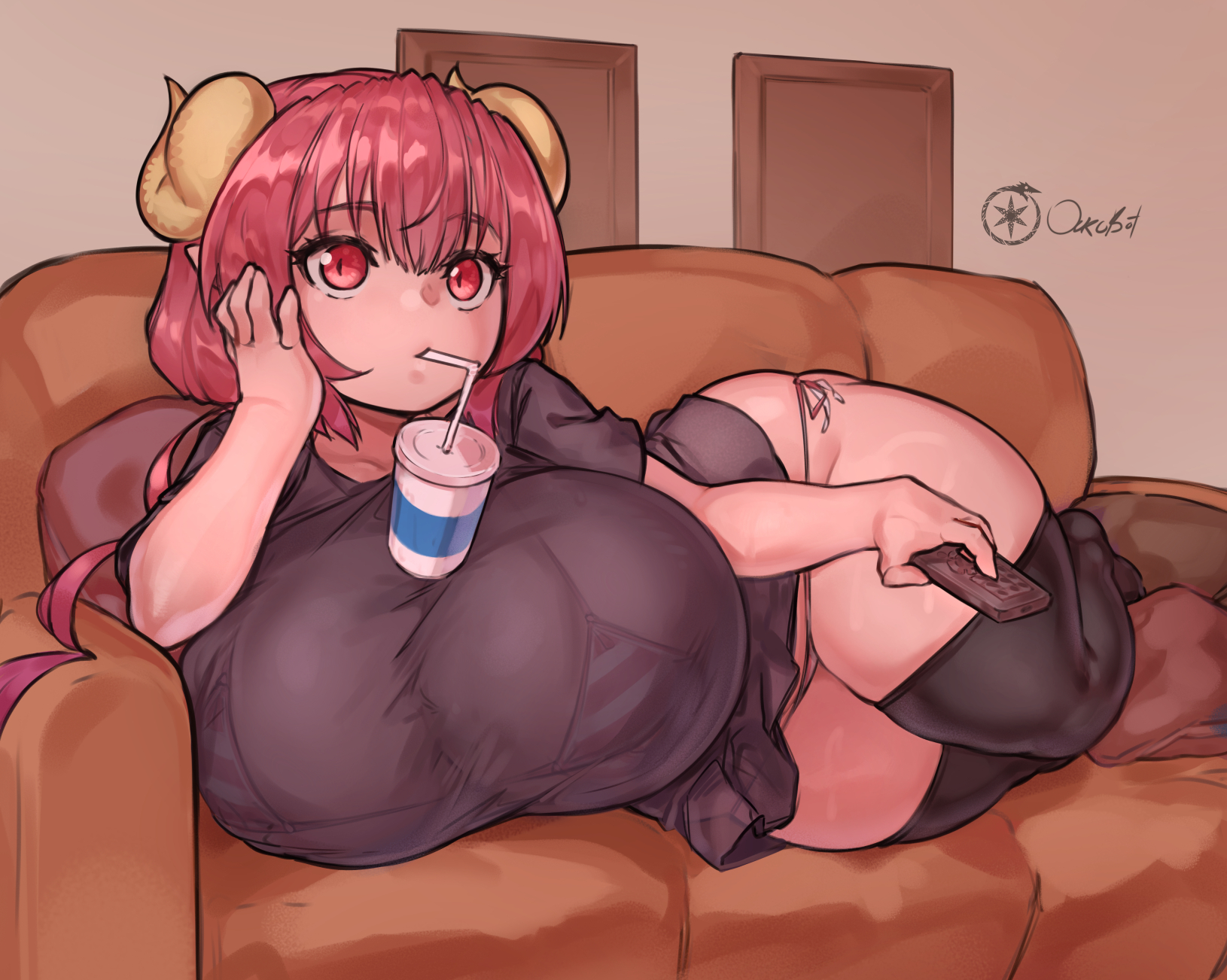 1girls, bra visible through clothes, breasts, female, female only, hi res, hips, horns, huge breasts, huge tits, hyper breasts, ilulu (dragon maid), laying on couch, light skin, light-skinned female, long hair, massive breasts, miss kobayashi's dragon maid, naughty face, object on breast, ourobot, pink hair, red head, shortstack, solo, thick thighs, thighs, wide hips