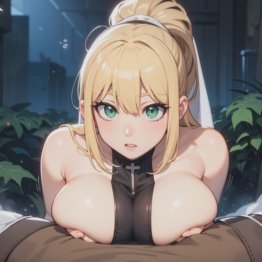 1boy ai_generated big_breasts blonde_hair cute cute_eyes cute_face cute_girl eldersound female green_eyes nun open_mouth original_character very_big_breast vexellariat