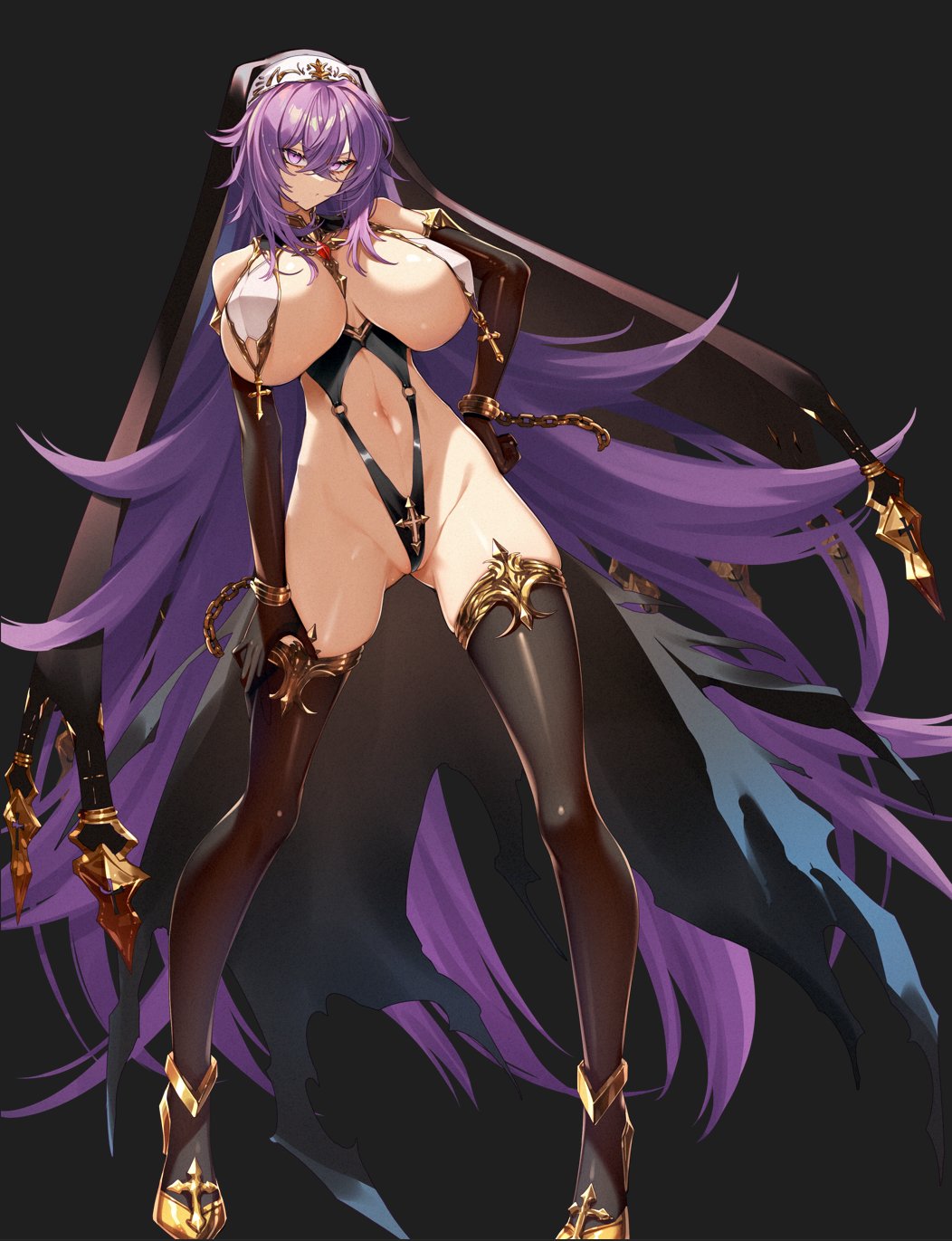 bare_shoulders black_thighhighs breast_curtains breasts chains character_request cluseller contrapposto copyright_request cross cuffs elbow_gloves female full_body gloves gluteal_fold groin hand_on_own_hip high_heels highres large_breasts long_hair navel nun purple_eyes purple_hair shackles simple_background slingshot_swimsuit solo swimsuit thighhighs very_long_hair