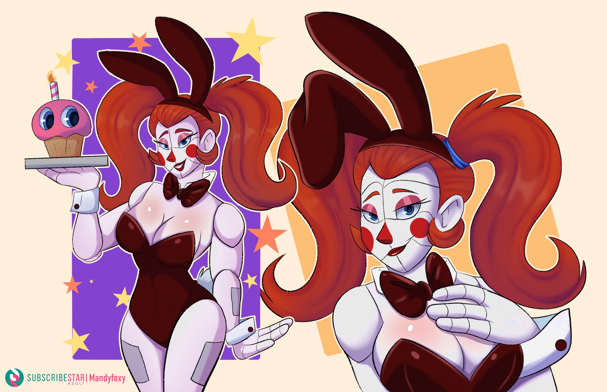baby (fnafsl), breasts, bunnysuit, circus baby, circus baby (fnaf), cupcake (fnaf), female, five nights at freddy's, five nights at freddy's: sister location, mandyfoxy, red hair, robot girl, solo, white body