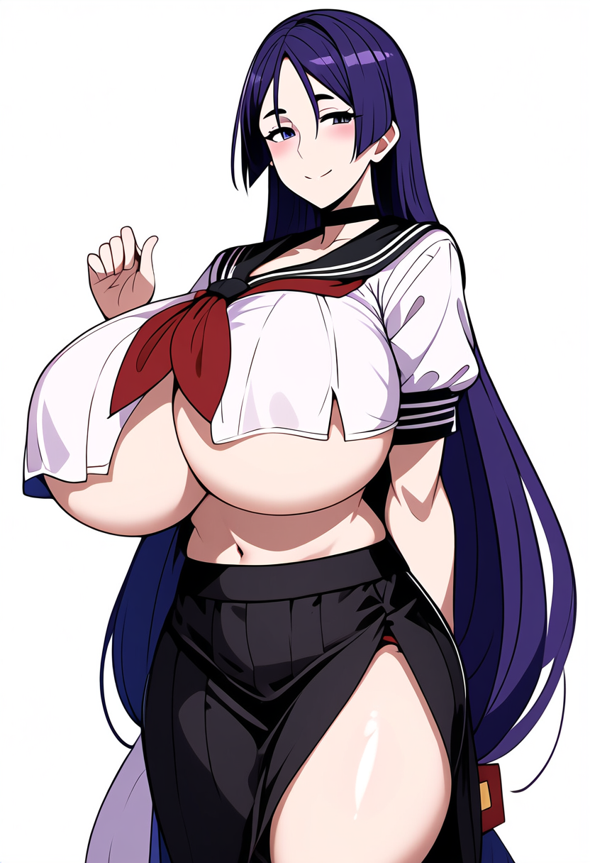 ai_generated big_breasts breast_curtain breast_curtains breasts fate/grand_order fate_(series) female huge_breasts long_hair minamoto_no_raikou_(fate) minamoto_no_raikou_(fate/grand_order) purple_eyes purple_hair rata_(artist) school_uniform serafuku smile solo