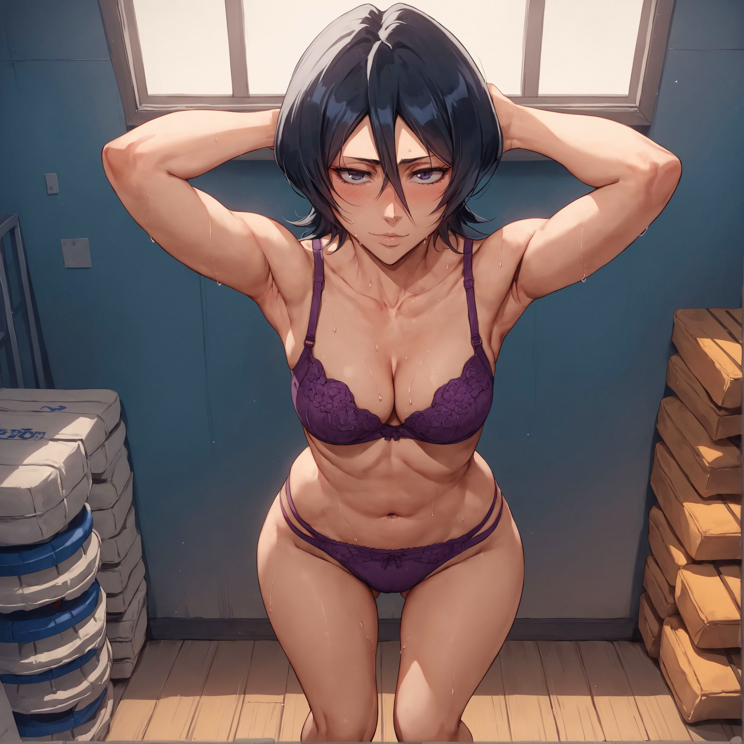 1girls, ai generated, alex-schura, armpits, arms behind head, arms up, big breasts, black hair, bleach, bleach: the thousand-year blood war, blush, bra, breasts, child bearing hips, cleavage, cowboy shot, female, female only, gym storeroom, hourglass figure, huge breasts, indoors, kuchiki rukia, light skin, light-skinned female, midriff, nai diffusion, panties, petite, pinup, purple eyes, shoulder length hair, smile, solo, solo focus, stable diffusion, sweat, sweatdrop, sweating, underwear, underwear only, upper body, voluptuous, wide hips, window