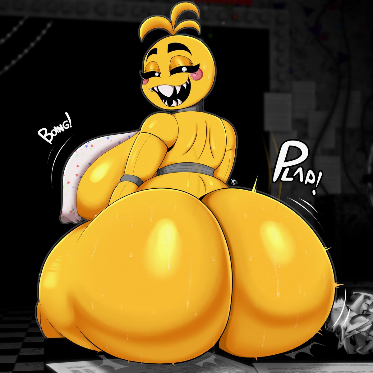 1girls animatronic anthro ass big_ass big_breasts breasts female female_only five_nights_at_freddy's five_nights_at_freddy's_2 huge_ass looking_at_viewer looking_back mrxrickyx onomatopoeia robot robot_girl smug solo thick_thighs toy_chica_(fnaf) wide_hips