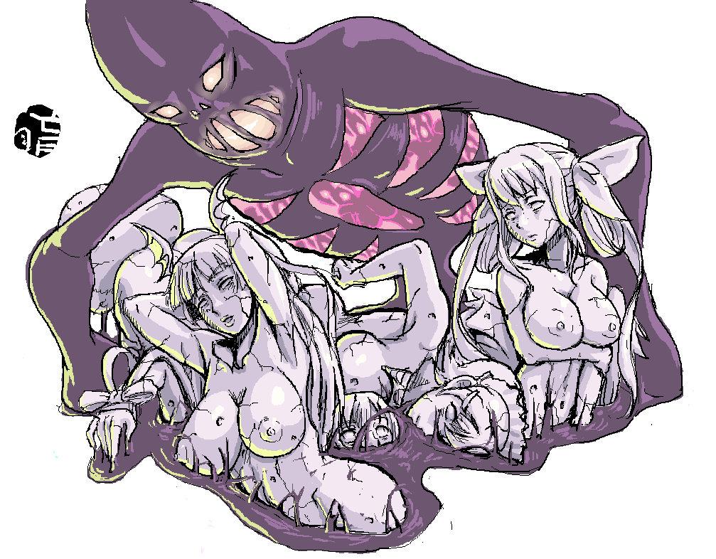 1monster 1other 6+girls 6girls :o aino_heart arcana_heart arms_behind_head arms_under_breasts arms_up ass bare_arms bat_wings big_breasts bird_girl blazblue breasts cleavage colored_sclera commentary crack cracked_skin crossover darkstalkers defeat demon_girl dizzy_(guilty_gear) expressionless female ghost glowing glowing_eyes guilty_gear hair_ribbon head_wings huge_breasts iroha_(samurai_spirits) large_breasts lilith_aensland long_hair looking_at_another looking_down looking_to_the_side looking_up makoto_nanaya medium_breasts medium_hair midriff mixed-language_commentary morrigan_aensland mou multiple_girls navel nipples nude parted_lips petrification ribbon ribs samurai_spirits scared shadow shadow_(darkstalkers) short_hair smile spirit squirrel_girl squirrel_tail statue tail tears white_background white_eyes wings wrist_ribbon yellow_sclera