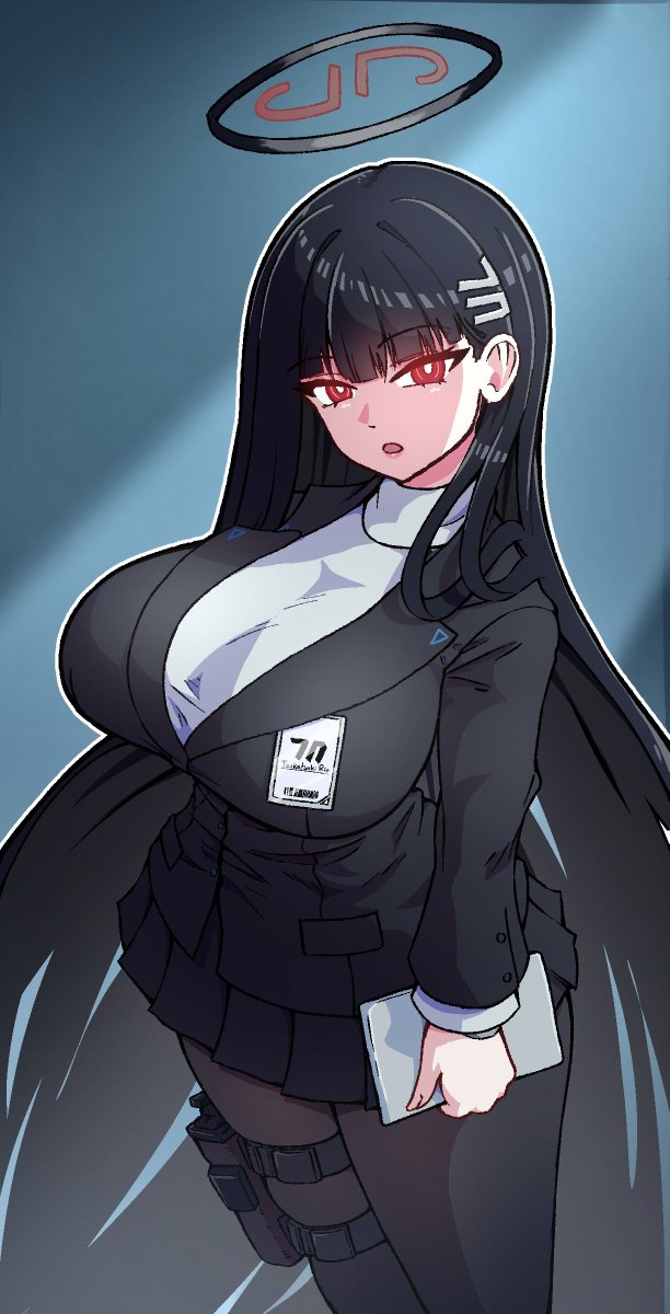 1girls big_breasts blue_archive breasts dark_hair female_only looking_at_viewer masked_agent red_eyes rio_(blue_archive) simple_background solo tagme thick_thighs voluptuous