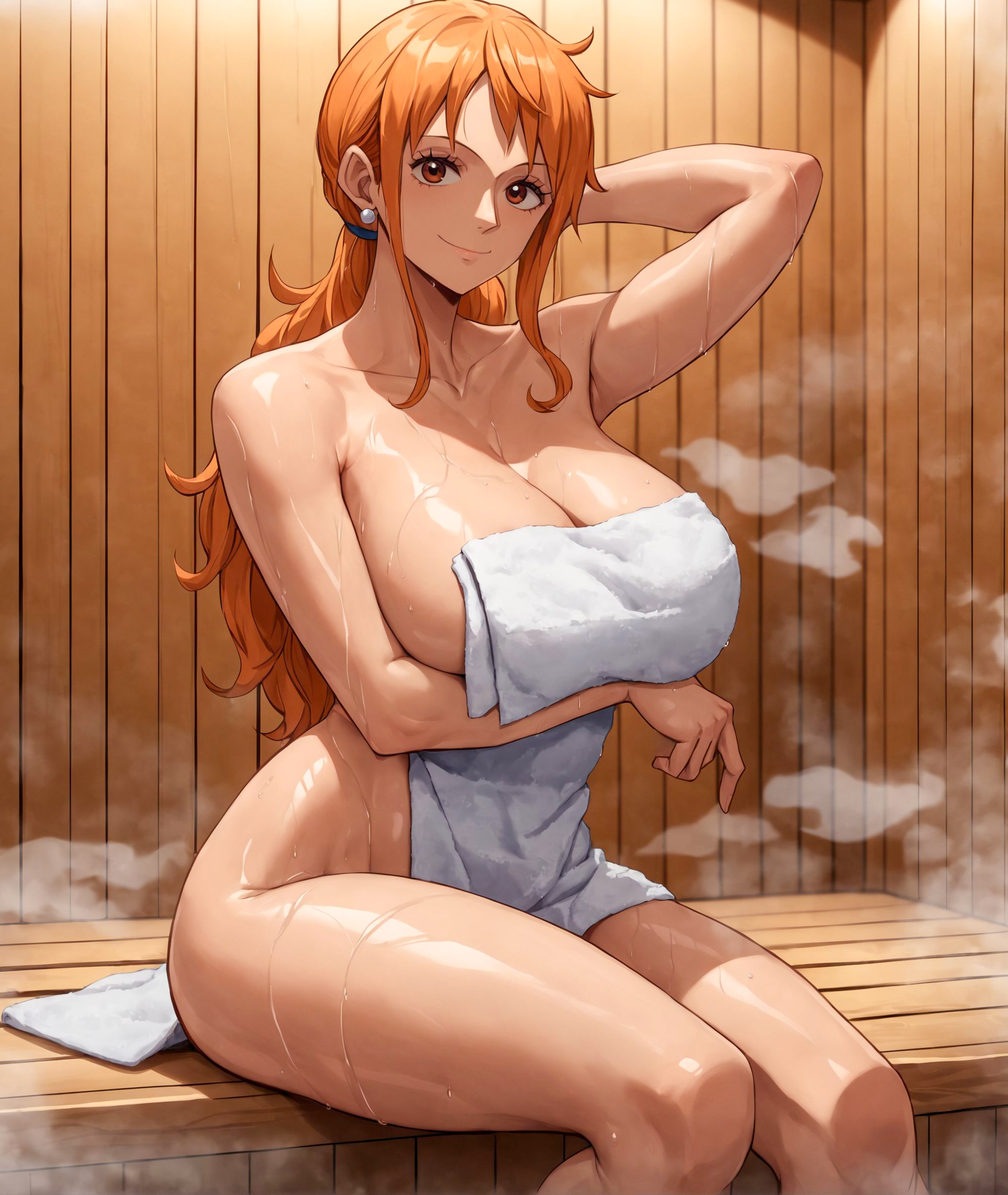 1girls, ai generated, alex-schura, arm behind head, arm under breasts, armpits, bangs, bare shoulders, bath, bathing, big breasts, blush, breast hold, breasts, busty, child bearing hips, clavicle, cleavage, closed mouth, completely nude, covered navel, covering, earrings, female, female focus, female only, hair ribbon, holding object, horny, horny female, hourglass figure, huge breasts, indoors, jewelry, large breasts, legs together, light skin, light-skinned female, long hair, looking at viewer, makeup, mature, mature female, nai diffusion, naked towel, nami (one piece), nude, nude female, one piece, onsen, oppai, orange eyes, orange hair, parted bangs, partially submerged, post-timeskip, purple hair, sauna, seductive, seductive body, shiny, shiny hair, shiny skin, short hair, sidelocks, sitting, skindentation, smile, smooth skin, solo, solo focus, spa, stable diffusion, steam, tattoo, thick, thick body, thick thighs, thighs, tied hair, towel, towel only, very long hair, voluptuous, voluptuous female, water, wet, wide hips, wooden wall