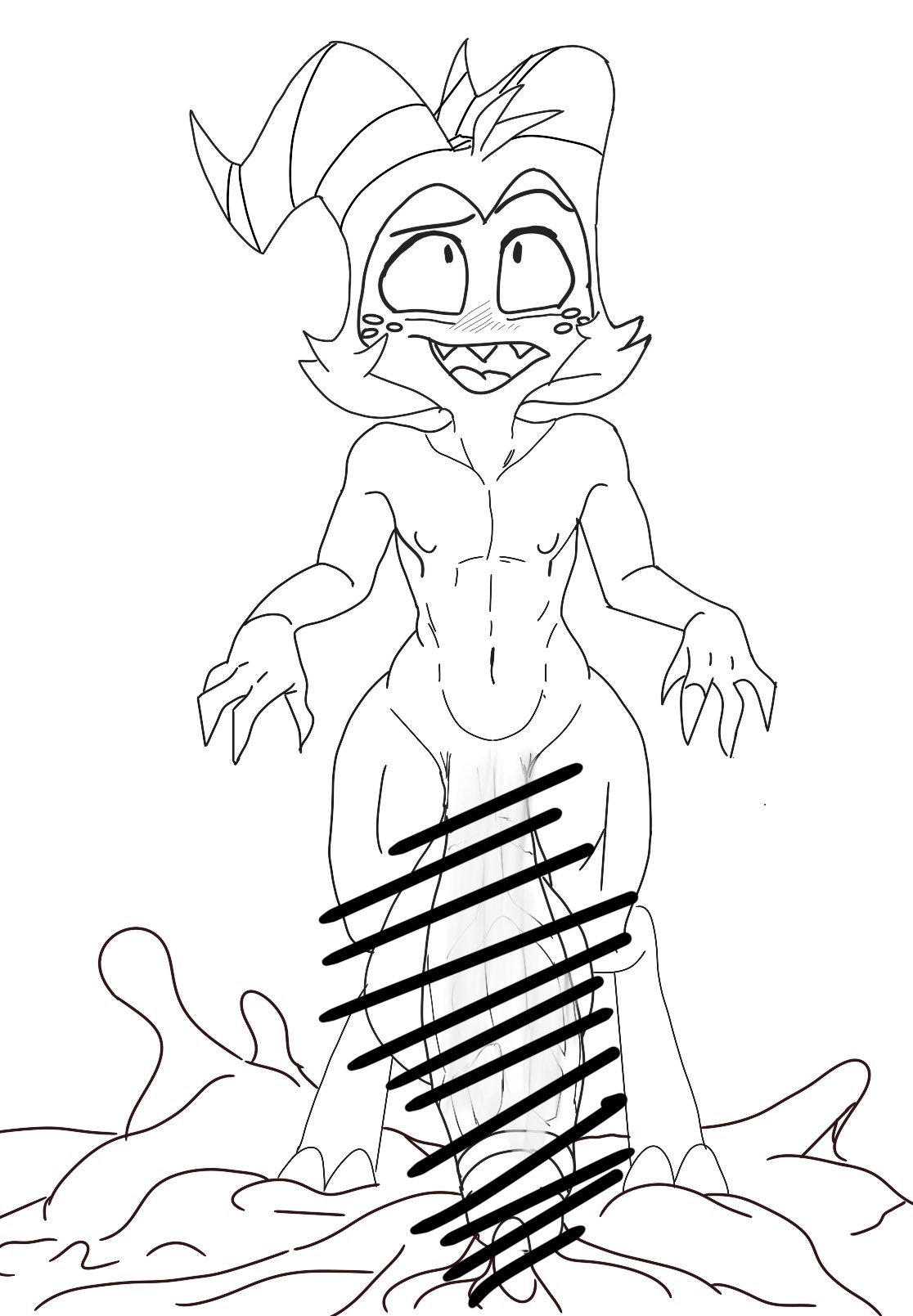 balls big_balls big_penis blush blush_lines bodily_fluids censored cum excessive_cum excessive_genital_fluids genital_fluids genitals hellaverse helluva_boss hi_res huge_balls huge_cock humanoid imp looking_pleasured male moxxie_(helluva_boss) nude penis princegraidy solo