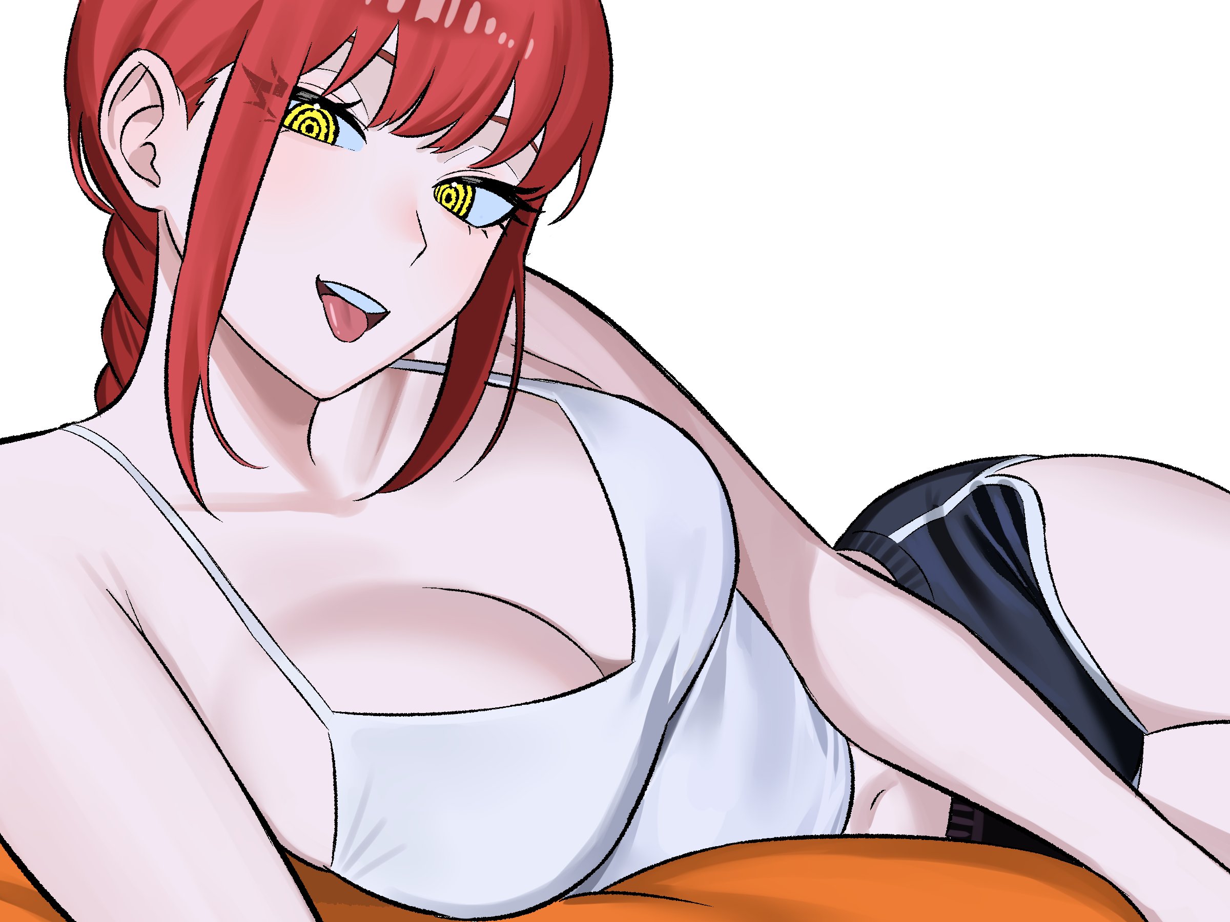 black shorts, breasts, chainsaw man, cleavage, dolphin shorts, large breasts, makima (chainsaw man), midriff, red hair, thighs, tongue out, white shirt, yellow eyes, zeon (zzeeonn), zeon j