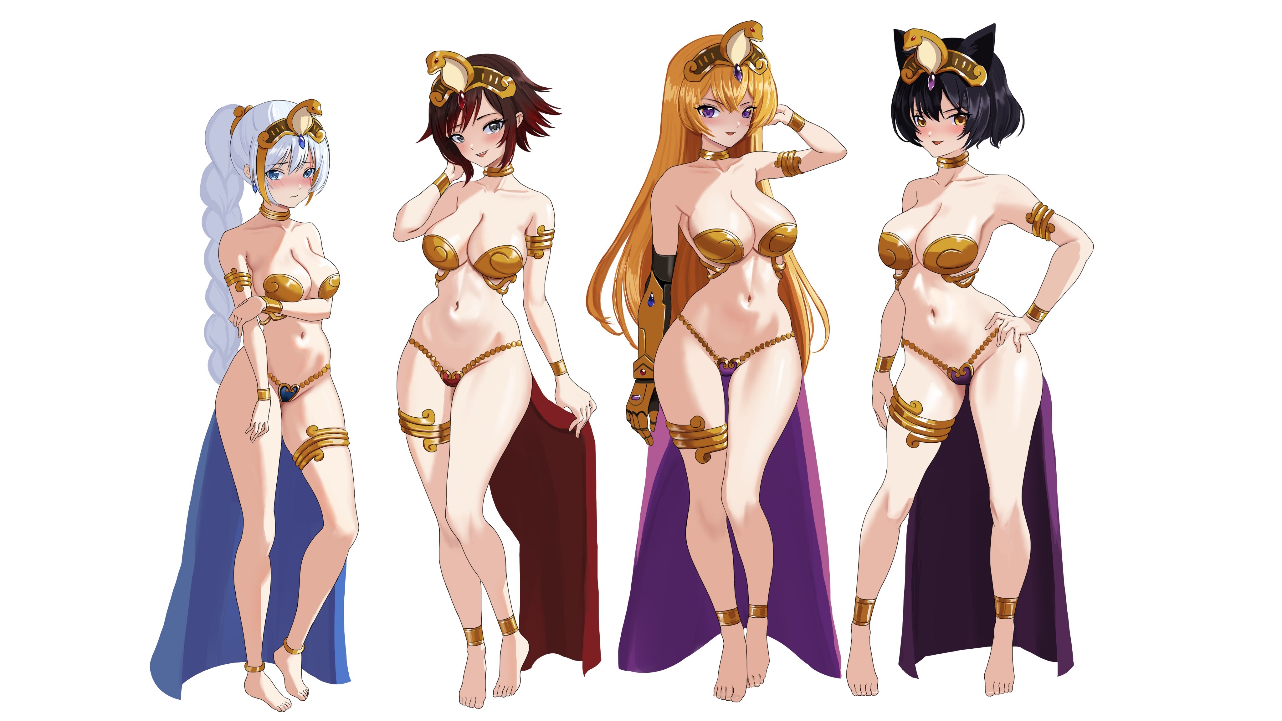 4girls, belly dancer, belly dancer outfit, black hair, blake belladonna, blonde hair, blue eyes, blue loincloth, blush, breasts, busty, cat ears, cat girl, catgirl, cleavage, collar, cosplay, dancer shantae, female, female only, full body, gatlas, gold bikini, gold bracelet, gold jewelry, gold thigh ring, gold thighlet, hand on hip, harem outfit, high heels, human, jewelry, large breasts, loincloth, long hair, multiple females, multiple girls, pose, purple loincloth, red hair, red loincloth, revealing clothes, robotic arm, ruby rose, rwby, scar, shantae, short hair, slave bikini, slave outfit, small breasts, snake hair ornament, team rwby, weiss schnee, white background, white hair, wide hips, yang xiao long
