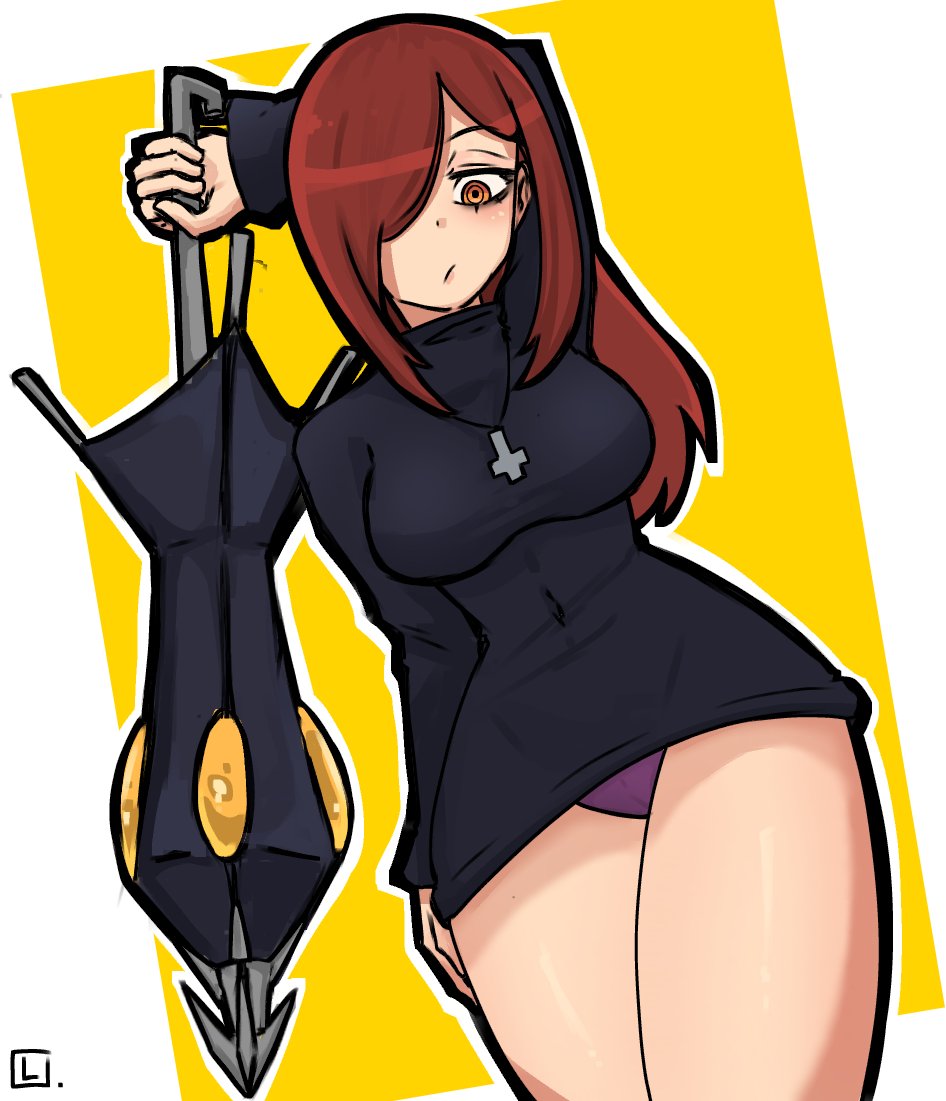 1girls, black dress, black eyes, dress, female, female only, krieg (skullgirls), legs, long hair, panties, pantyshot, pantyshot (standing), parasoul, purple panties, purple underwear, red hair, skullgirls, underwear, upskirt