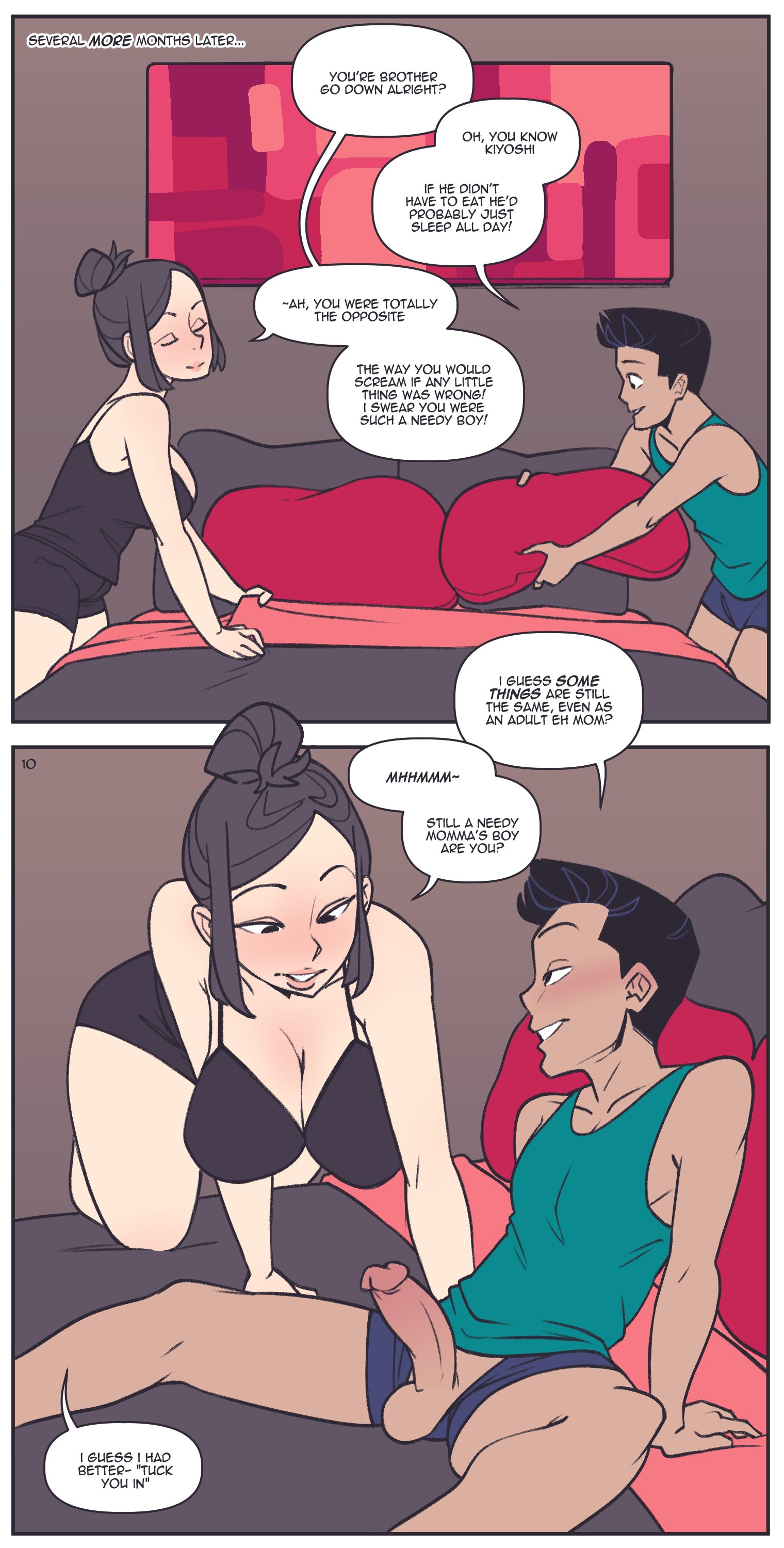 1boy, 1boy1girl, 1girls, asian, asian female, asian male, balls, bed, bedroom, big breasts, big penis, black hair, breasts, cleavage, closed eyes, comic, dialogue, english text, erection, female, imminent sex, incest, large breasts, large penis, male, mature, mature female, mature woman, milf, mother, mother and child, mother and son, not enough milk (artist), original, parent, parent and child, penis, son, testicles, text, text bubble