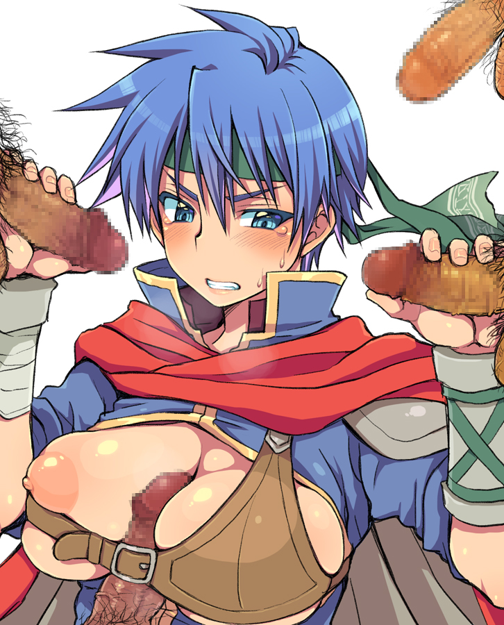 blue_eyes blue_hair blush breasts clenched_teeth clothing colored_eyelashes double_handjob eroe female fire_emblem fire_emblem:_path_of_radiance fire_emblem:_radiant_dawn gritted_teeth handjob human ike_(fire_emblem) male multiple_males nipples paizuri penis rule_63 short_hair solo_focus straight tears