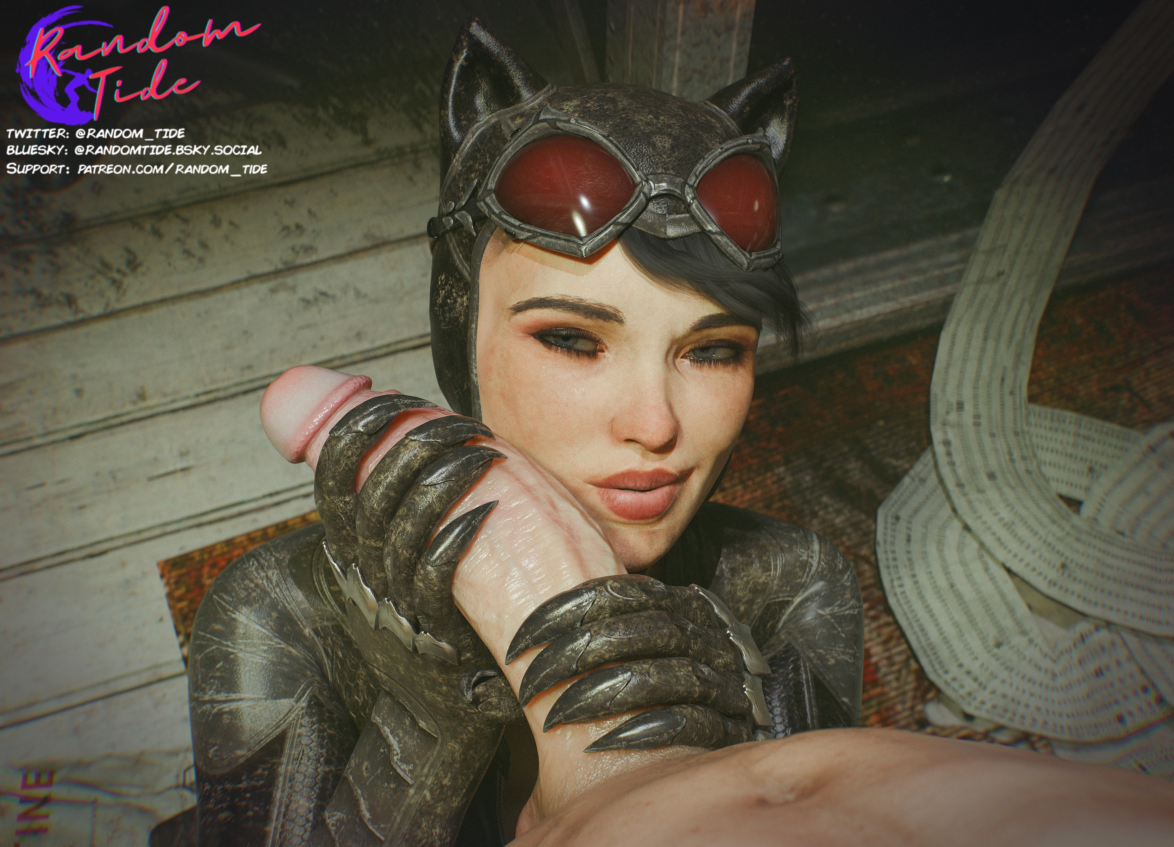 1boy, 1girls, 3d, batman (series), batman: arkham knight, big penis, black gloves, catwoman, catwoman (arkham knight), catwoman (arkham), completely naked, completely nude, dc, dc comics, faceless male, gloved handjob, gloves, hand on penis, handjob, handjob with gloves, holding penis, huge cock, naked, naked male, nude, nude male, random tide, selina kyle, touching penis