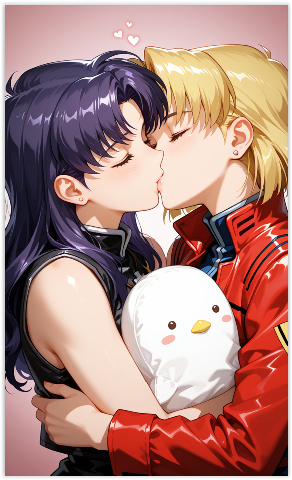 2girls ai_generated akagi_ritsuko bangs bare_arms bare_shoulders black_dress blonde_female blonde_hair blue_dress blush closed_eyes couple dress duo earrings female/female female_only friends guloyu84 heart hugging jacket jewelry katsuragi_misato kissing long_hair long_sleeves love misato_katsuragi multiple_girls mutual_yuri neck neon_genesis_evangelion open_clothes open_jacket parted_bangs pink_background purple_hair red_jacket ritsuko_akagi romantic romantic_couple short_hair sleeveless sleeveless_dress straight_hair stud_earrings stuffed_animal stuffed_toy yuri