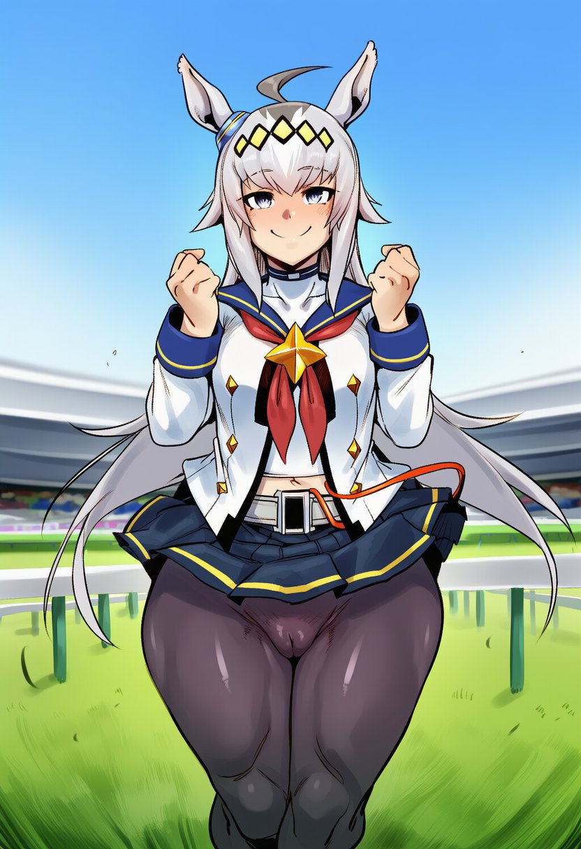 1girls, 2d, ahoge, ai generated, animal ears, ass, belt, big ass, big butt, big thighs, black pantyhose, blue eyes, blue skirt, blush, breasts, cameltoe, clenched hands, closed mouth, cyreneceo, female only, grass, grey eyes, grey hair, horse ears, horse girl, large ass, large butt, large thighs, long hair, long sleeves, looking at viewer, medium breasts, midriff, multicolored hair, navel, neckerchief, oguri cap (starlight beat) (umamusume), oguri cap (umamusume), outdoors, pantyhose, pleated skirt, red neckerchief, sailor collar, shirt, skirt, smile, solo, solo female, thick ass, thick butt, thick thighs, thighs, umamusume, umamusume pretty derby, white shirt, wide hips