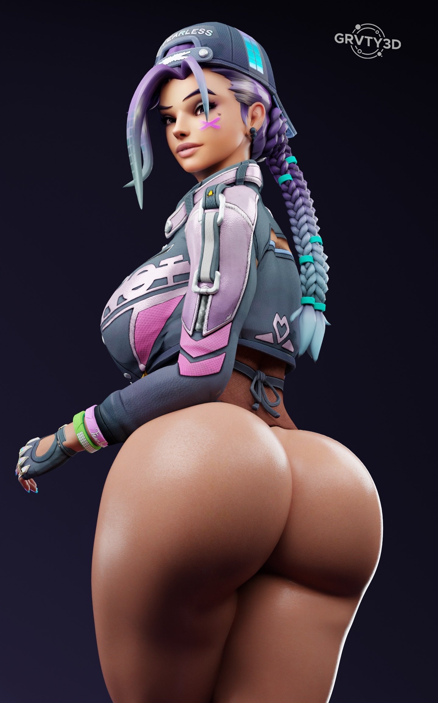 1girls, 3d, antifragile slay star, artist name, ass, ass focus, asymmetrical bangs, backwards baseball cap, baseball cap, big ass, big breasts, boots, bottomless, braid, braided hair, breasts, bubble ass, bubble butt, curvaceous, curvy, curvy female, curvy figure, dark skin, dark-skinned female, ear piercing, face paint, facial mark, fat ass, female, female only, fingerless gloves, footwear, from side, full body, gloves, grvty3d, hat, headwear, huge ass, jacket, latina, le sserafim, long hair, looking at viewer, mexican, mexican female, mole, mole under eye, multicolored hair, overwatch, overwatch 2, purple eyes, purple hair, shiny skin, side view, simple background, solo, sombra, standing, voluptuous, voluptuous female, wide hips