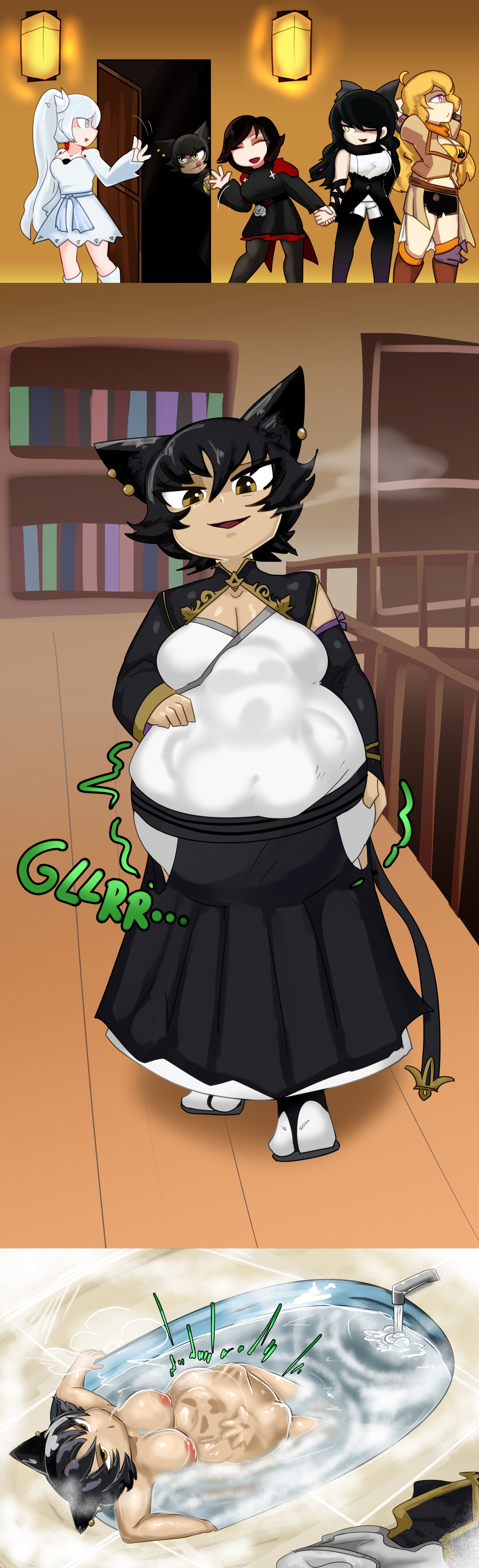 5girls, big breasts, blake belladonna, breasts, clothed, clothed female, faunus, female, female only, hughoftheskies, kali belladonna, large boobs, large breasts, light skin, light-skinned female, naked, naked female, nude, nude female, nudity, older female, older pred, oral vore, relaxing, ruby rose, rwby, soft vore, squirming, squirming belly, squirming gut, struggling, struggling prey, tanned, tanned body, tanned female, tanned skin, tanned-skinned female, unwilling prey, vore, vore belly, weiss schnee, willing pred, yang xiao long, younger female, younger prey