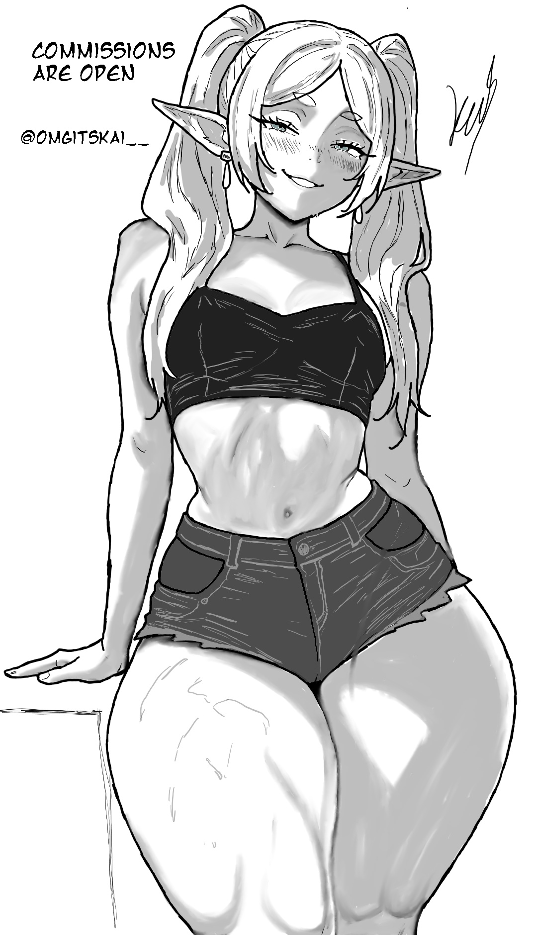 ai assisted, ai generated, artist name, artist signature, blue eyes, blush, bra, casual, casual exposure, devil may kai, elf, elf ears, elf female, elf girl, frieren, frieren beyond journey's end, hip focus, hips, hips wider than shoulders, huge ass, looking at viewer, looking down, shadow, shiny skin, shorts, small breasts, small waist, smaller female, sweat, sweatdrop, sweating, sweaty, thick ass, thick hips, thick legs, thick thighs, thighs, traced, traced art, white hair