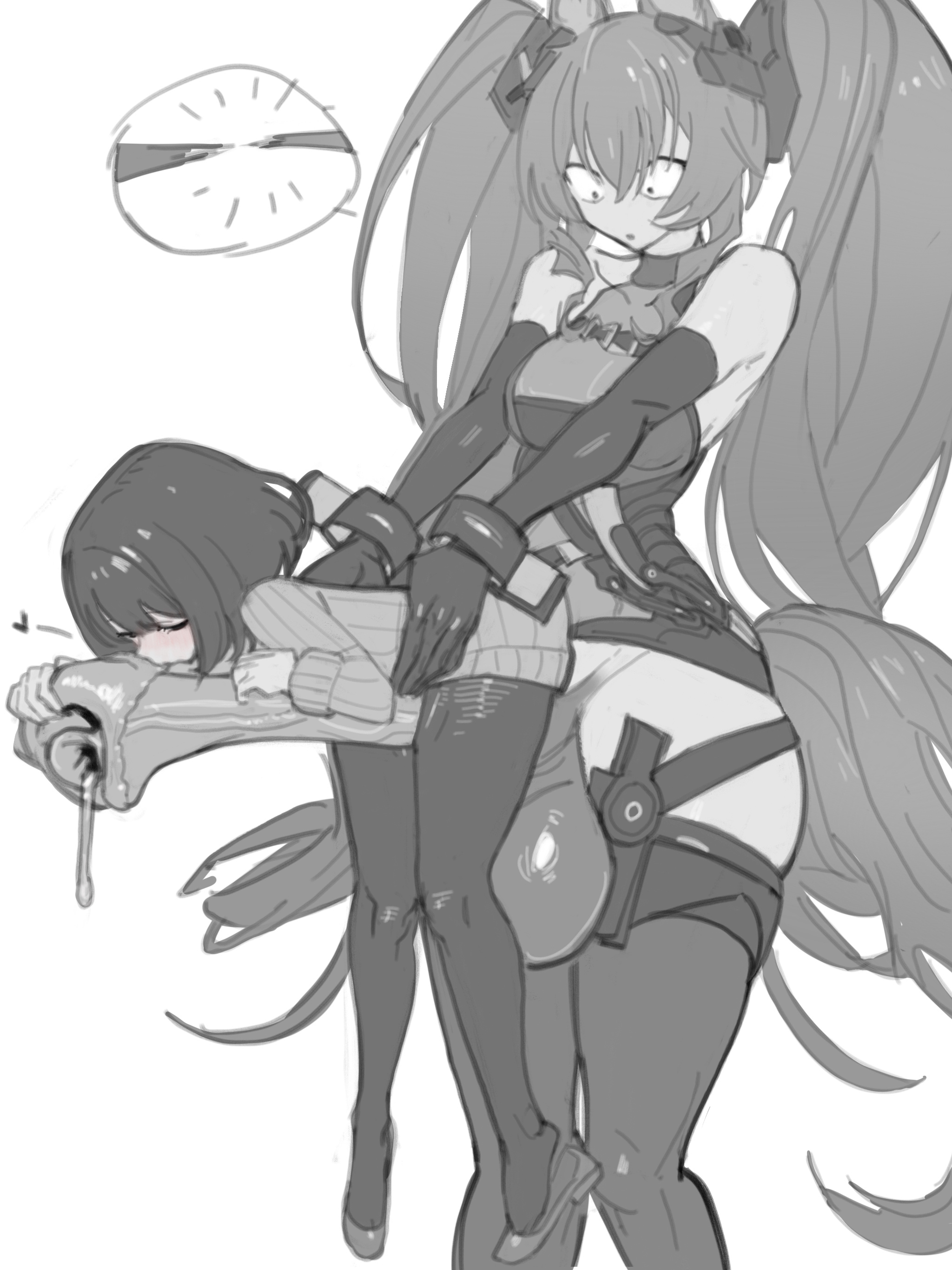 1futa, 1girls, animal ears, animal genitalia, animal penis, arknights, arknights: endfield, blush, clothed, crazy eyes, endministrator (arknights: endfield), female, female endministrator (arknights: endfield), fox ears, fox girl, fully clothed, futa on female, futanari, gilberta (arknights: endfield), greyscale, hands on another's hips, height difference, hitobashira (1746164306), horsecock, huge balls, huge cock, human, humanoid, hung futa, kemonomimi, kissing penis, large breasts, lifting person, long hair, monochrome, mostly clothed, mostly nude, sitting on penis, thick thighs, twintails, victim alice, wide eyed