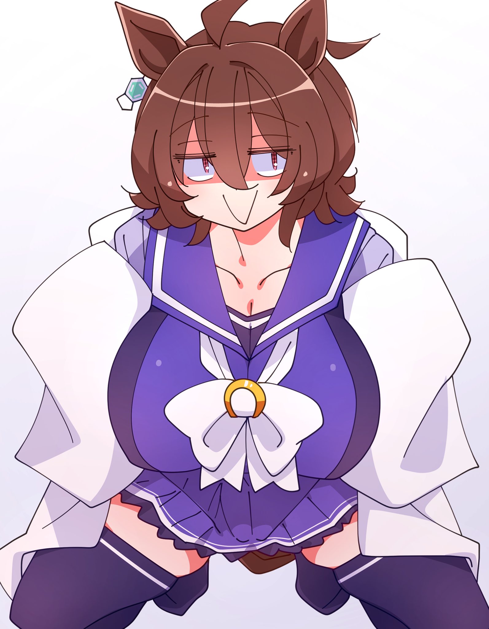 :>, 1girls, 2026, agnes tachyon (umamusume), animal ears, animal tail, arms up, big breasts, breasts, brown hair, color, colored, digital media (artwork), female, female only, hi res, huge breasts, kaijin debeso, kneeling, legs, light skin, light-skinned female, looking away, partially clothed, red eyes, simple background, skirt, smile, solo, thick thighs, thighhighs, thighs, umamusume, umamusume pretty derby, viewed from above, white background