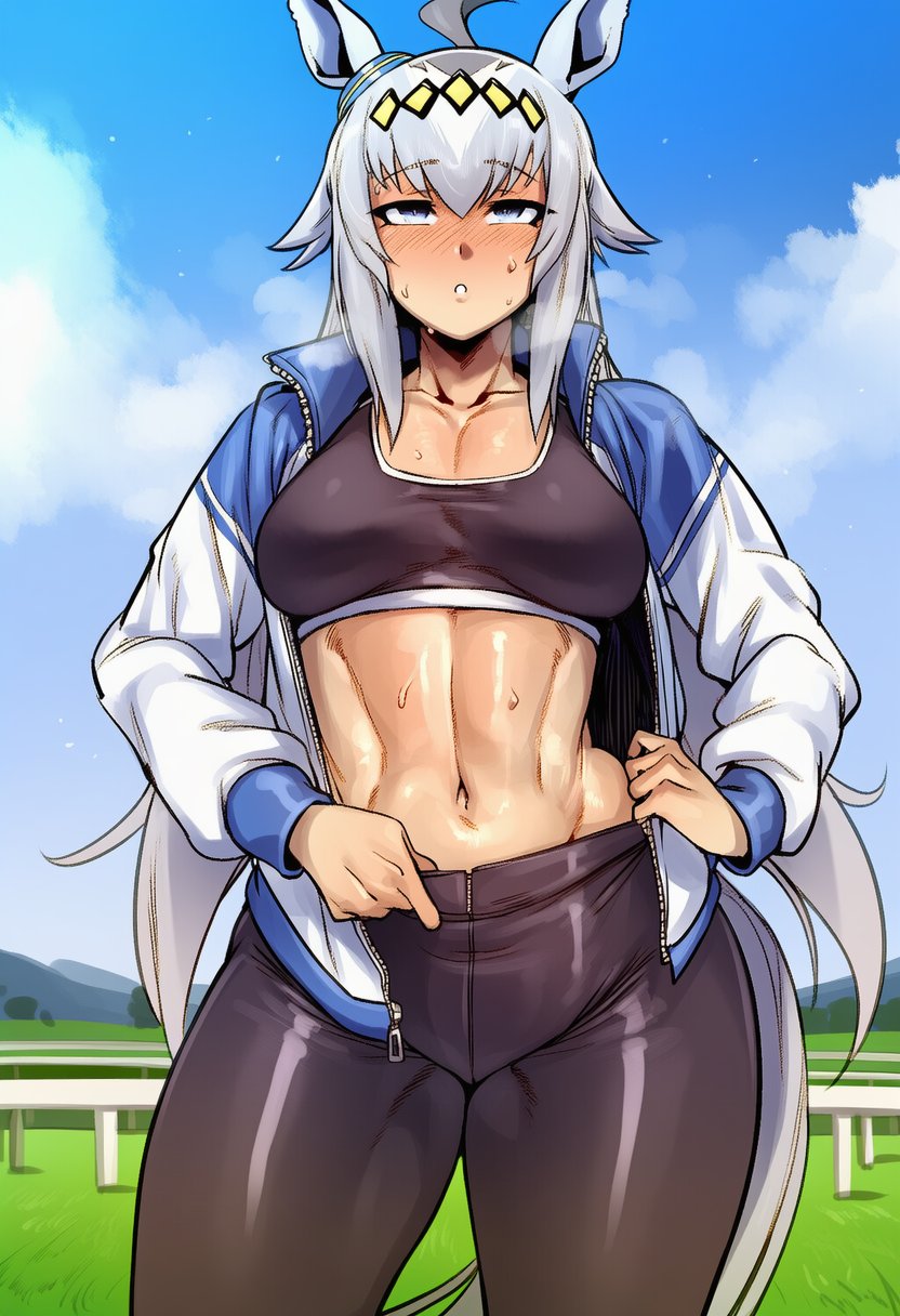 1girls, 2d, abs, ahoge, ai generated, animal ears, big thighs, black sports bra, blue eyes, blue sky, blush, breasts, cloud, collarbone, cowboy shot, cyreneceo, day, ear ornament, female only, grass, grey hair, hair between eyes, horse ears, horse girl, horse tail, jacket, large breasts, large thighs, long hair, long sleeves, looking at viewer, medium breasts, midriff, multicolored hair, muscles, muscular, muscular female, navel, oguri cap (umamusume), open clothes, open jacket, outdoors, pants, parted lips, sky, solo, solo female, sports bra, standing, steam, sweat, tail, thick thighs, thighs, toned, umamusume, umamusume pretty derby, wide hips