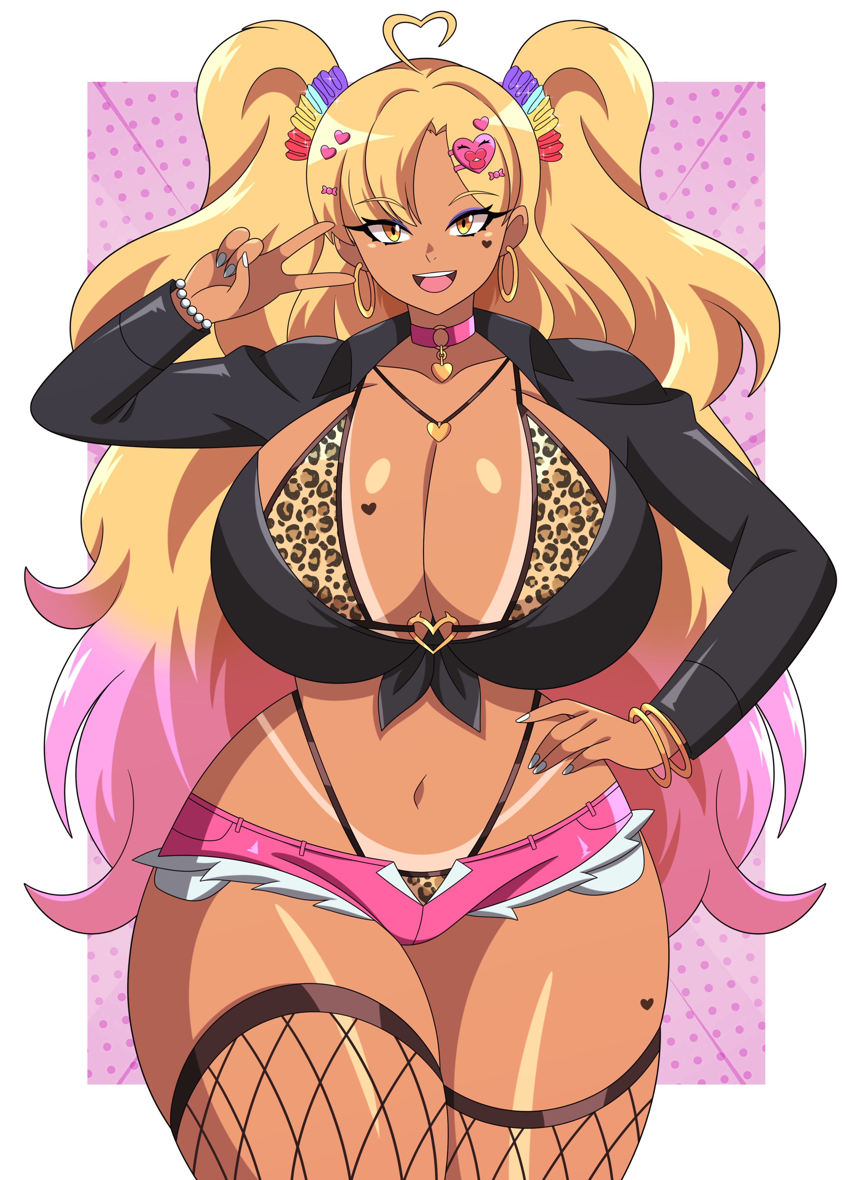 :d, abyss162, commission, curvy, grey nails, gyaru, hand on hip, huge breasts, leopard print, narrow waist, original, original character, panther print, smile, someone else's oc, tan body, thick thighs, upper teeth, v, voluptuous, wide hips
