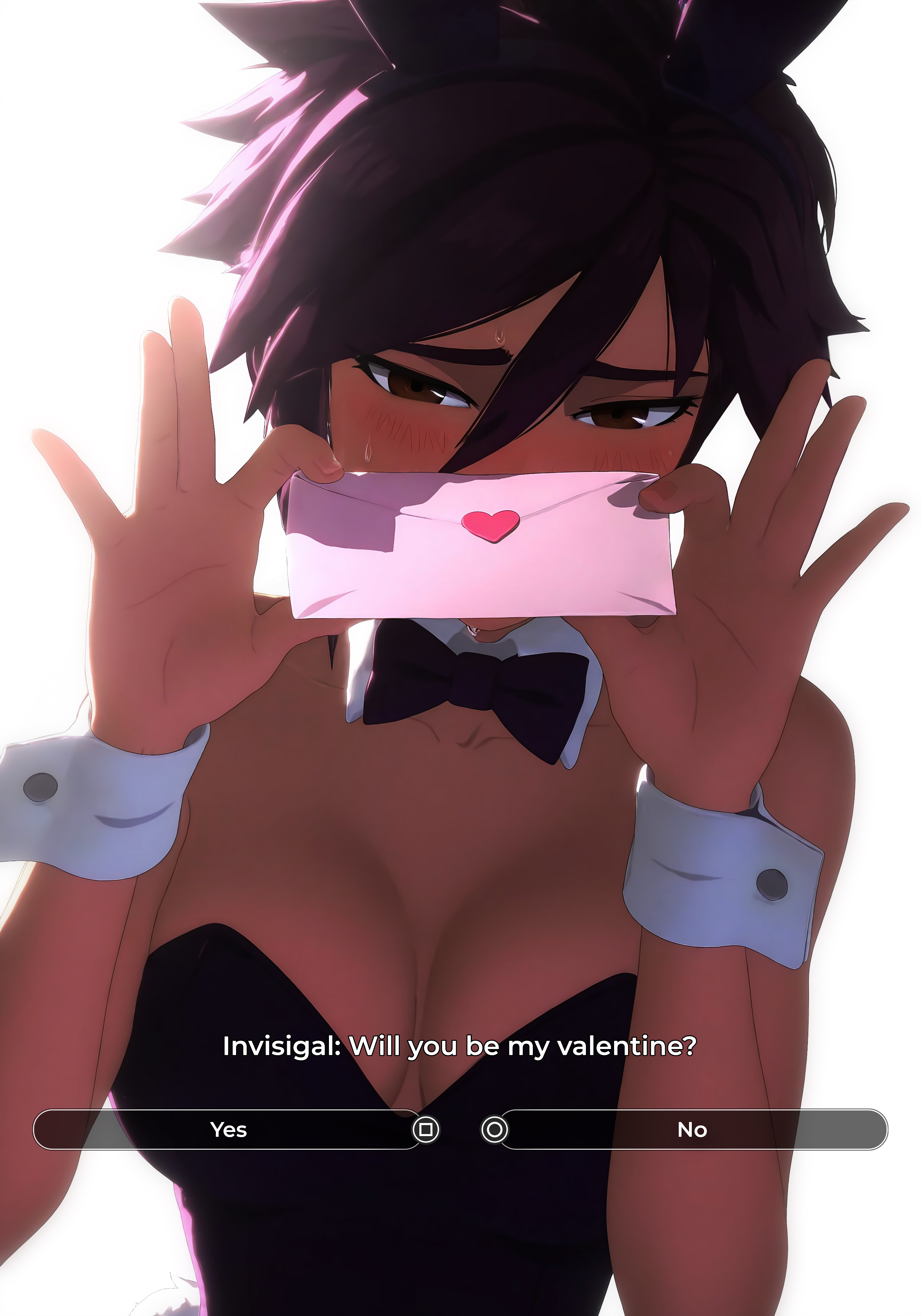 1girls, accessory, ai, ai generated, ai-created, big breasts, black hair, blush, bow, breasts, brown eyes, bunny ears, bunny ears headband, bunnysuit, busty, cleavage, clothed, clothing, detached collar, dialogue, dispatch (game), embarrassed, english text, fake animal ears, female, female focus, hair accessory, hair ornament, hairband, holding, holding card, holding object, holidays, invisigal, large breasts, light skin, light-skinned female, looking at viewer, penguaiart, short hair, solo focus, sweat, talking, talking to viewer, text, upper body, valentine's day