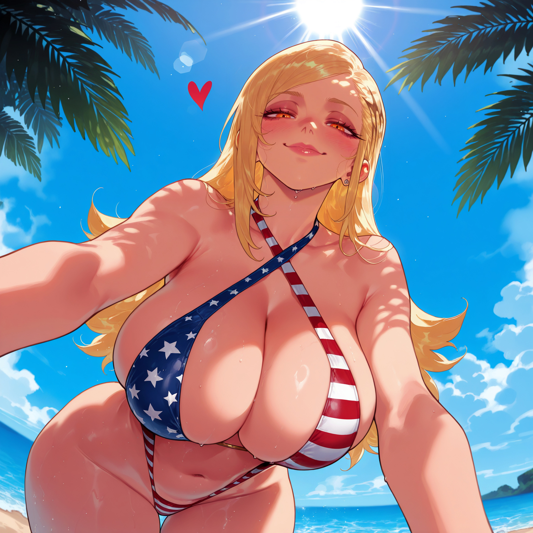 , 1girl, 1girls, ai generated, all fours, american flag, american flag bikini, american flag print, american flag swimsuit, balecxi, bangs, bare shoulders, beach, bikini, blonde hair, blue sky, blush, breasts, cleavage, closed mouth, clothing, cloud, collarbone, criss-cross halter, curvaceous, curvaceous female, curvaceous figure, curvy, curvy figure, day, ear piercing, earrings, female, female focus, flag print, flag print bikini, flag print swimsuit, from below, halterneck, highleg, huge breasts, inviting, inviting to sex, jewelry, kamiunten mira, large breasts, leaning forward, lips, long hair, looking at viewer, mato seihei no slave, navel, ocean, one-piece swimsuit, orange eyes, outdoors, palm leaf, palm tree, piercing, pink lips, presenting, presenting ass, presenting breasts, presenting hindquarters, presenting pussy, presenting self, print bikini, print swimsuit, seductive, seductive look, seductive smile, shore, skindentation, sky, slingshot swimsuit, smile, solo, stomach, summer, sun, sunlight, sweat, swept bangs, swimsuit, tan, thick lips, thigh gap, thighs, tree, voluptuous, voluptuous female, water, wet