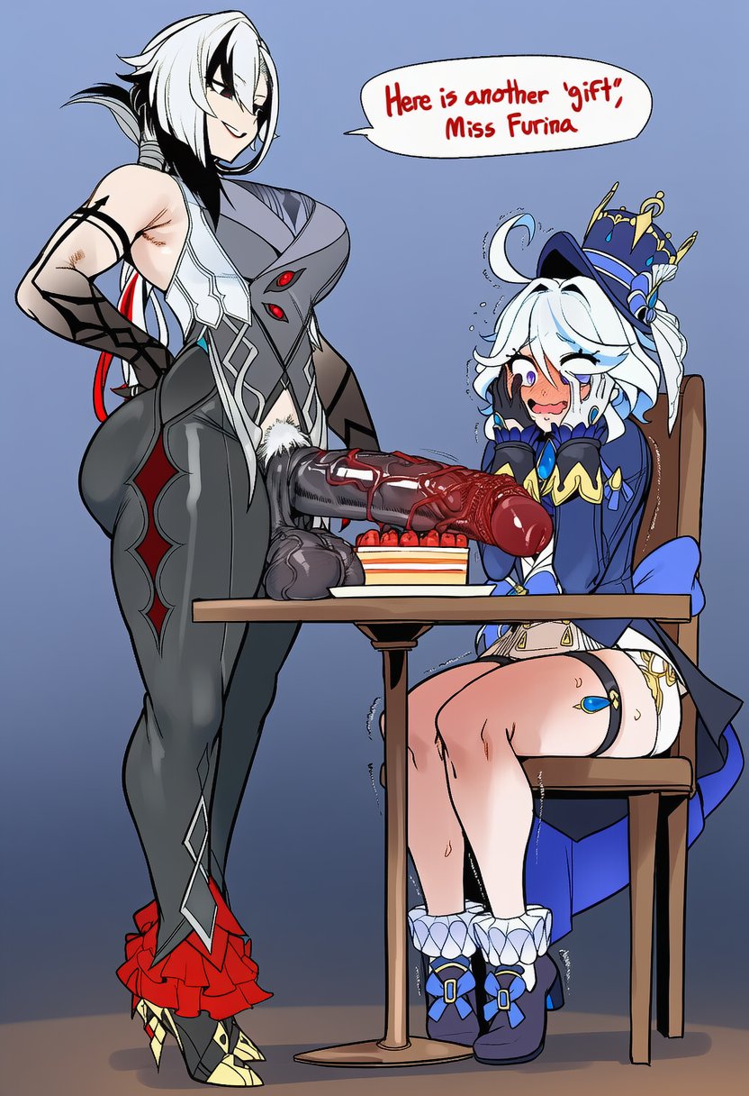 1futa, 2d, 2girls, ahoge, ai generated, animal penis, arlecchino (genshin impact), ass, balls, big ass, big balls, big breasts, big butt, big cock, big penis, big testicles, black eyes, black gloves, black hair, blue hair, blush, breasts, cake, cake slice, chair, cock, cyreneceo, english, english text, erection, female, female pubic hair, flat chest, flat chested, flying sweatdrops, food, furina (genshin impact), futa with female, futa/female, futanari, genshin impact, gigantic balls, gigantic cock, gigantic penis, gigantic testicles, gloves, hair between eyes, hand on own hip, hat, high heels, huge balls, huge cock, huge testicles, jacket, large ass, large balls, large breasts, large butt, large cock, large penis, large testicles, large thighs, long hair, long sleeves, massive balls, massive cock, massive penis, massive testicles, multicolored hair, multiple girls, open mouth, pants, penis, penis awe, pubic hair, sitting, smile, speech bubble, standing, streaked hair, table, testicles, text, thick ass, thick butt, thick cock, thick penis, thick thighs, thighs, top hat, trembling, two-tone hair, uncensored, vein, veins, veiny, veiny cock, veiny penis, white hair
