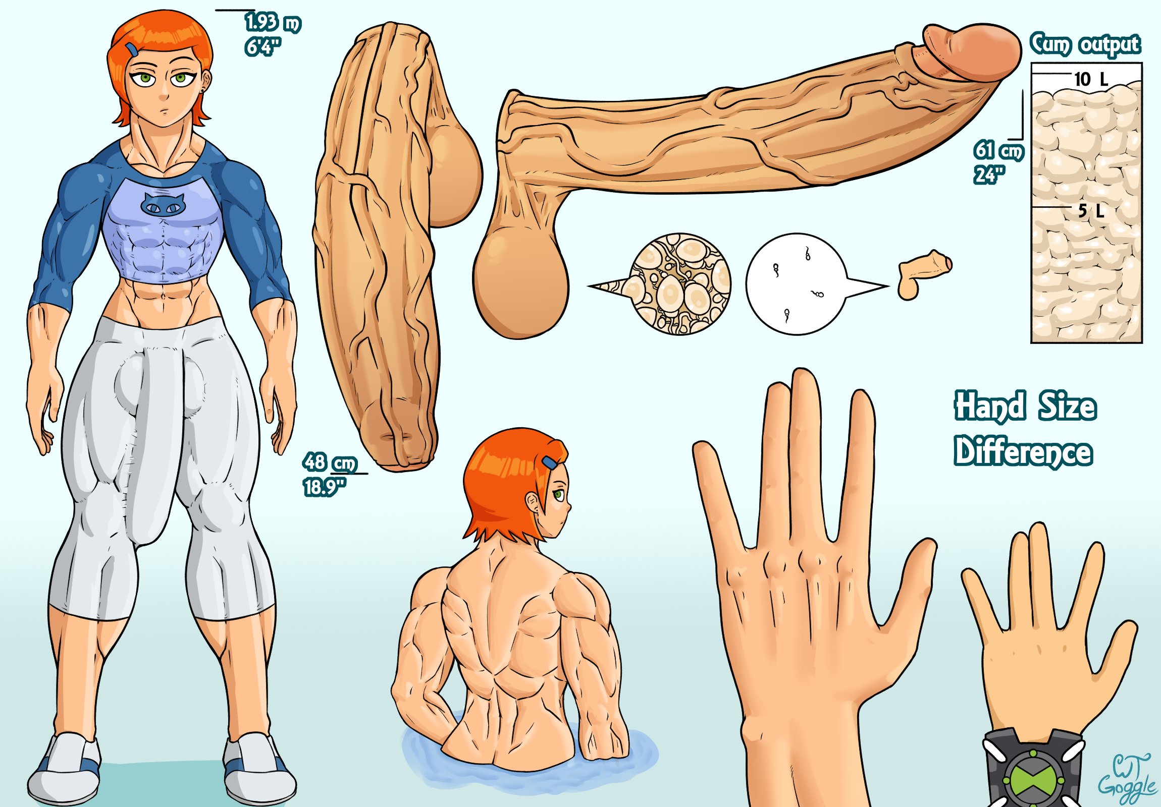 1boy, 1futa, abs, balls, balls x-ray, ben 10, ben 10 (classic), ben tennyson, ben tennyson (classic), bottomless, breasts, casual, clothed, clothing, cum, cum drip, cum in penis, cum inside, erection, foreskin, futa only, futanari, gwen tennyson, gwen tennyson (classic), huge cock, human, hyper, hyper muscles, hyper penis, intersex, light skin, light-skinned futa, male, muscles, muscular, muscular futa, orange hair, pale skin, partially clothed, pecs, penis, precum, short hair, solo, solo futa, standing, uncensored, uncircumcised, uncut, virile, virility difference, wristwear, wtgoggle