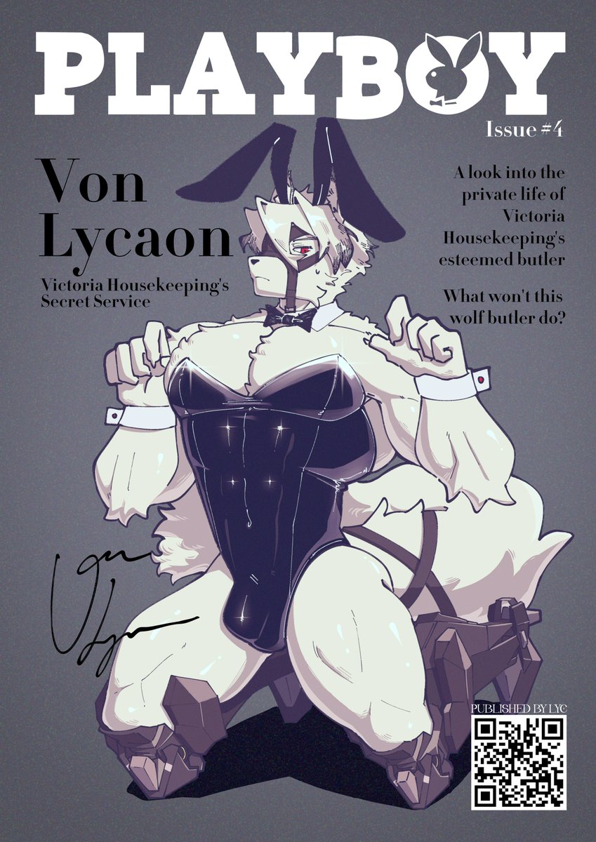 abs, anthro, big muscles, big pecs, blush, bow tie, bulge, bunny costume, canid, canine, canis, clothing, costume, detailed bulge, fake ears, fake rabbit ears, flaccid, fur, genital outline, hi res, male, male only, mammal, mechanical leg, mechanical legs, mihoyo, muscular, muscular male, pecs, penis outline, playboy, playboy bunny, prosthetic, qr code, signature, solo, solo male, tail, text, the lycander, tight clothing, von lycaon, white body, white fur, wolf, zenless zone zero
