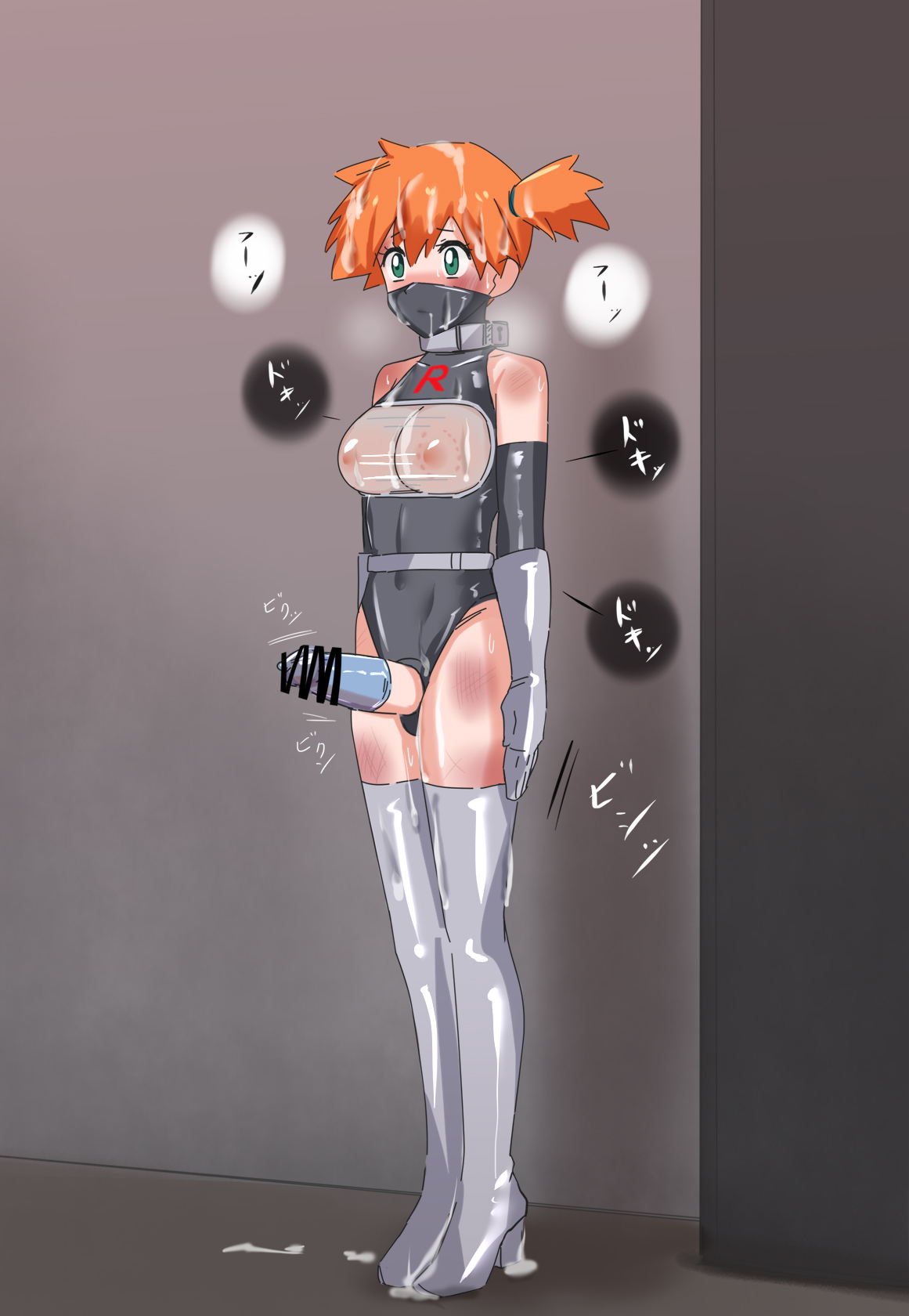 1futa, alternate costume, arms at sides, bar censor, bare shoulders, black leotard, blush, boots, breasts, breath, bruise, censored, condom, condom on penis, covered mouth, cum, cum on body, cum on breasts, cum on hair, cum on legs, cum on upper body, elbow gloves, erection, facial, full body, futanari, gloves, green eyes, grey gloves, hair between eyes, high heel boots, high heels, indoors, injury, kasumi (pokemon), large breasts, leotard, mask, mouth mask, nintendo, nipples, orange hair, penis, pokemon, pokemon rgby, raitaroo, see-through clothes, sex slave, short hair, side ponytail, slave, solo, sound effects, standing, sweat, thigh boots, trembling