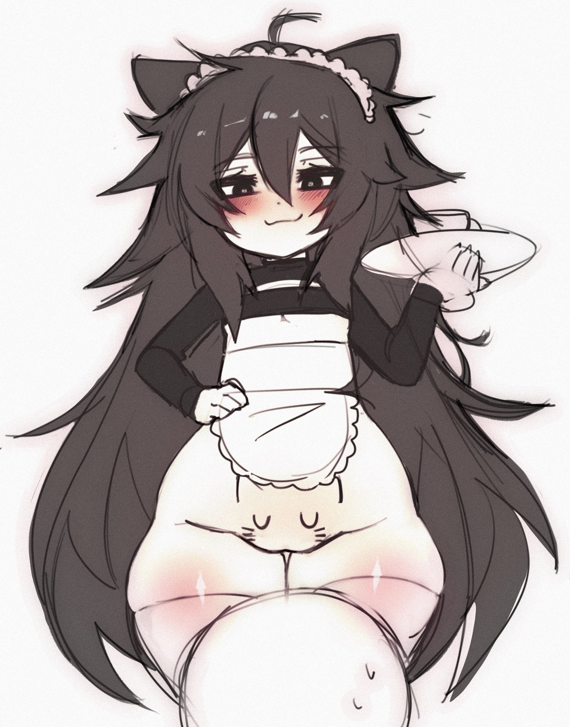 1boy, 1girl1boy, 1girls, blushing, blushing female, bottom heavy, bunny bunkai, curvy, curvy figure, do you want to pet my cat (meme), dominant female, female, funny, maid headdress, maid uniform, meme, presenting pussy, pussy, skinny female, skinny waist, smug, smug face, smug smile, sweat, sweating, tagme, thick thighs, twitter, wide hips