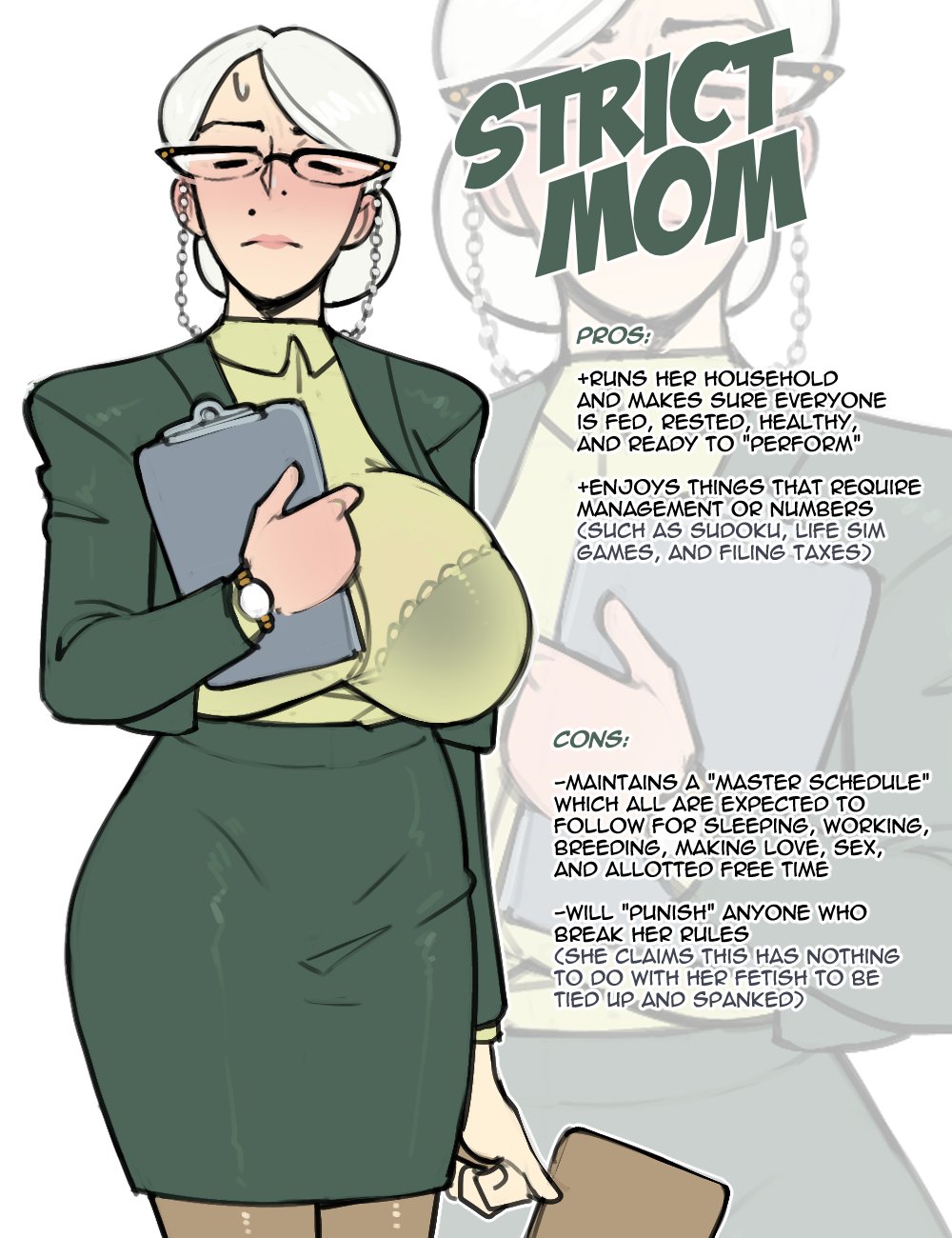 1girls, big breasts, bra, bra visible through clothes, breasts, character sheet, closed eyes, english text, female, female only, glasses, large breasts, mature, mature female, mature woman, milf, not enough milk (artist), original, simple background, solo, solo female, text, white background