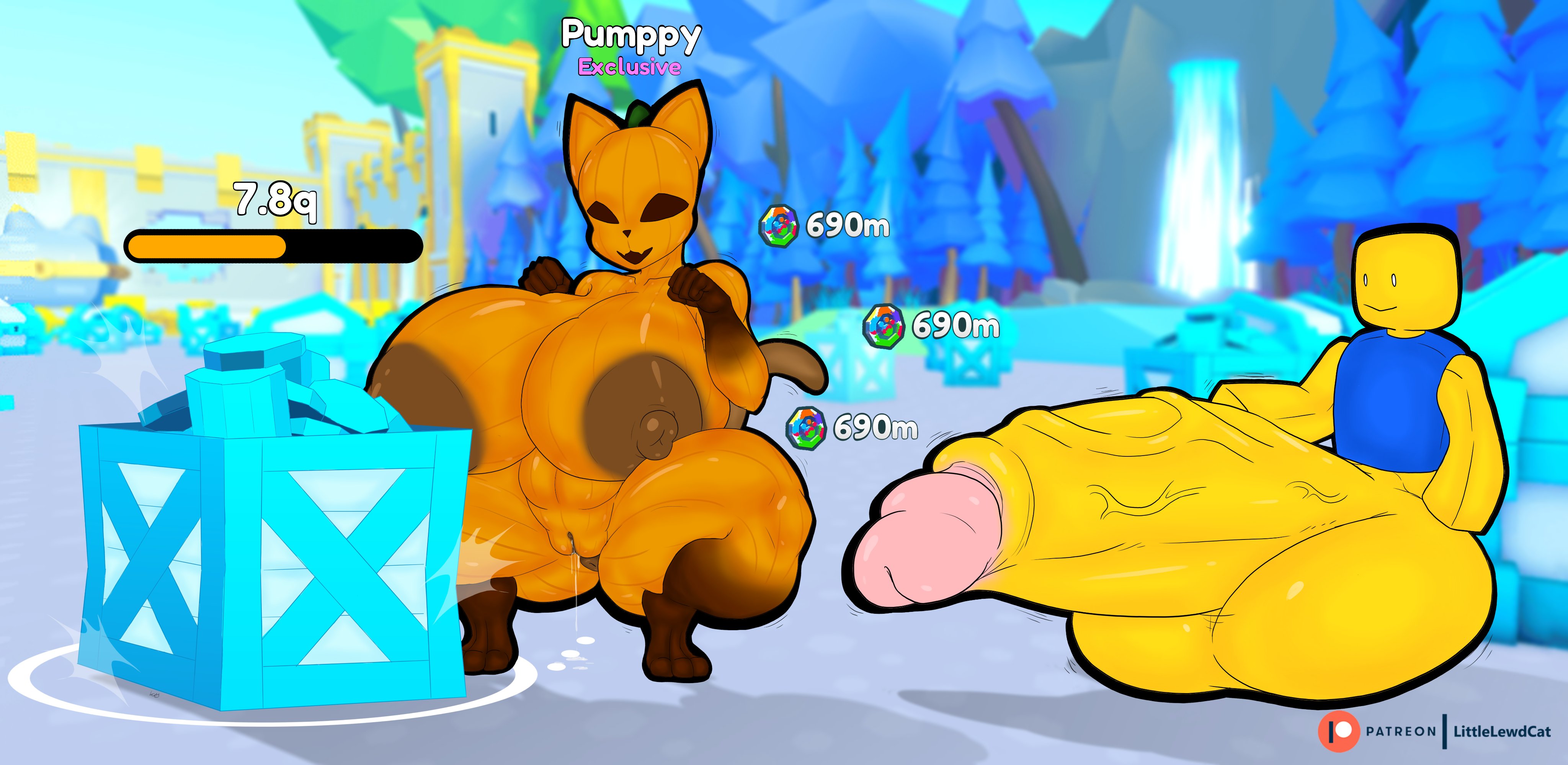 1boy, 1girls, anthro, big breasts, breasts, bulge, cat girl, catgirl, detailed background, female, gameplay mechanics, giant breasts, gigantic breasts, huge breasts, huge cock, large breasts, little cat, massive breasts, naked, naked female, noob, noob (roblox), nude, nude female, pet simulator x, pumpkin, pumpkin cat, roblox, roblox game, robloxian, squatting, thick thighs, thighs, thunder thighs, wet, wet pussy