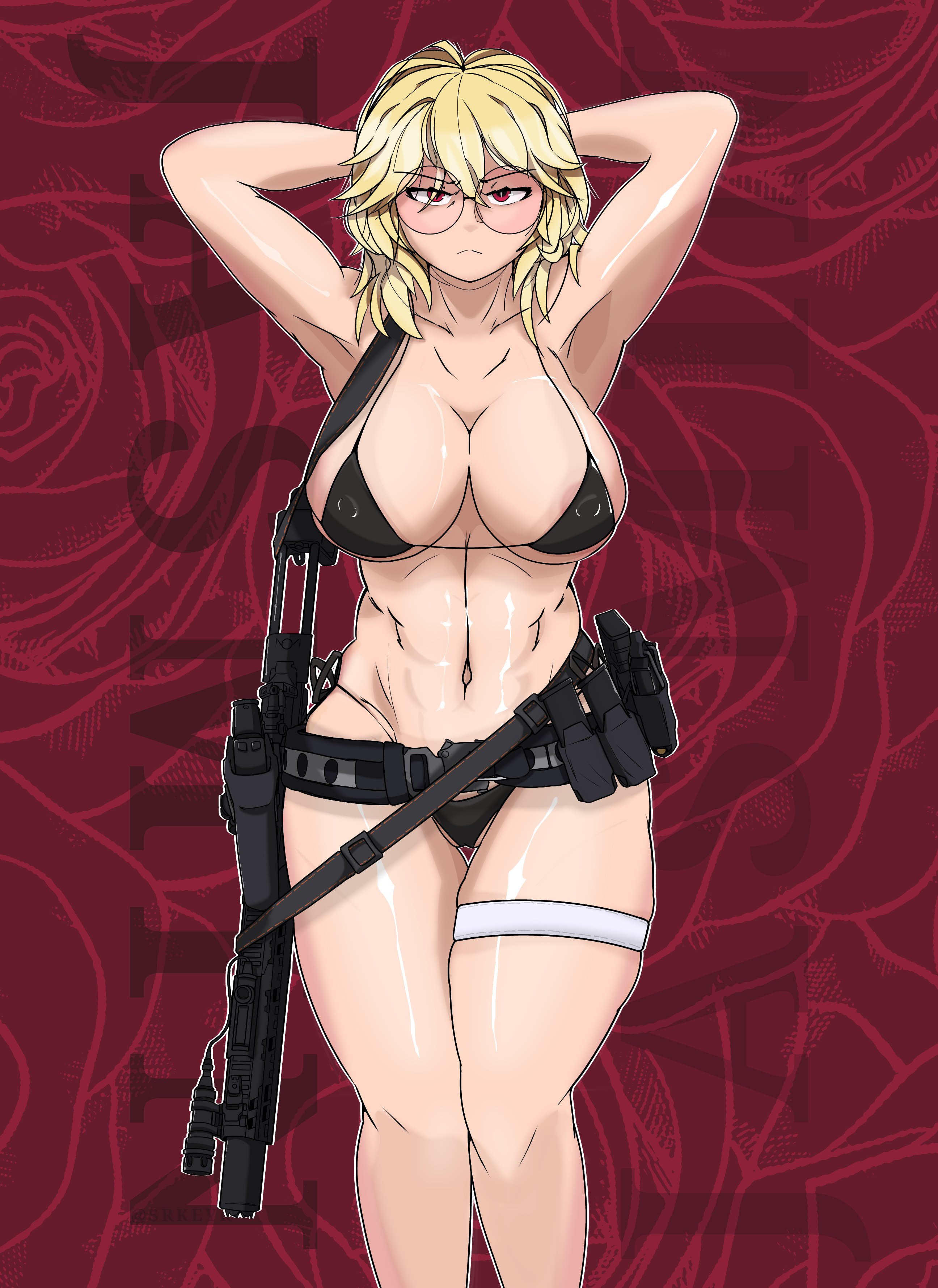 1female, 1females, 1girl, 1girls, 2d, 2d (artwork), 2d artwork, anonymous artist, barracks bunny, bikini top, blonde hair, boobs, breasts, digital drawing (artwork), digital media (artwork), female, female focus, female only, glasses, grave/digger, gun, hair, light skin, light-skinned female, military, military girl, military uniform, revealing clothes, roblox, roblox game, robloxian, round glasses, royal nation (grave/digger), shotgun, soldat (grave/digger), solo, solo female, solo focus, tactical gear, tagme, tits, weapon, weapons