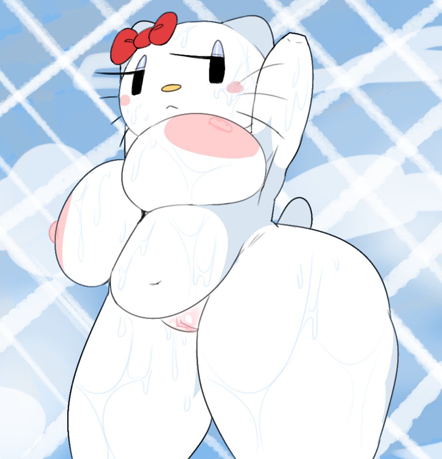 anthro anthrofied areola bathing big_breasts biped black_eyes blush blush_stickers breasts domestic_cat eyelashes felid feline felis female genitals half-closed_eyes hands_behind_head hello_kitty_(character) hello_kitty_(series) long_eyelashes low-angle_view mammal narrowed_eyes navel nipples pattern_background pink_areola pink_nipples pink_vulva red_bow sanrio savagensfw showering simple_background slightly_chubby solo steam tail thick_thighs vulva whiskers white_body yellow_nose