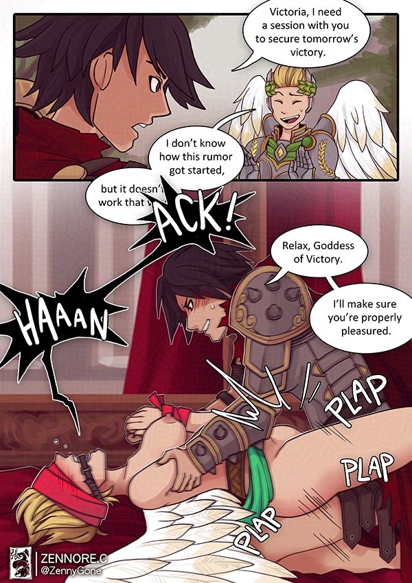 angel girl, angel wings, blindfold, blonde-haired female, bondage, bound, breasts, captured, comic, damsel in distress, defeated, dialogue, domination, female, female focus, female only, femdom, femsub, gag, humiliation, instant loss, instant loss 2koma, light-skinned female, nike (smite), sex, smite, straight, submissive, submissive female, tied up, zennore, zennygone