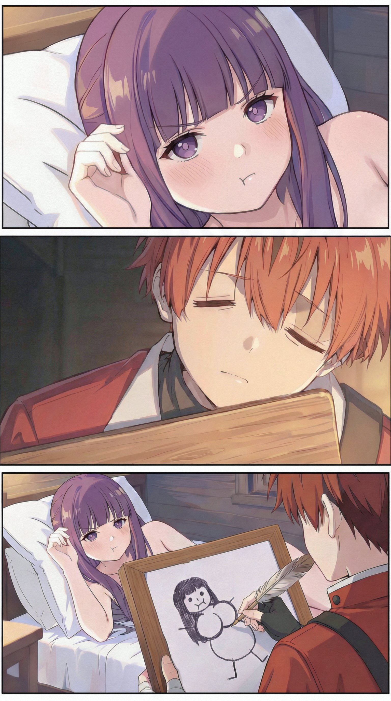 1boy, 1girls, blunt bangs, blush, breasts, coat, draw me like one of your french girls, drawing (action), drawing (object), female, fern (sousou no frieren), holding sketchbook, jacket, large breasts, long hair, long sleeves, meme, modeling, nude modeling, on couch, parody, purple eyes, purple hair, red hair, scene reference, sketching, sousou no frieren, stark (sousou no frieren), titanic (movie)