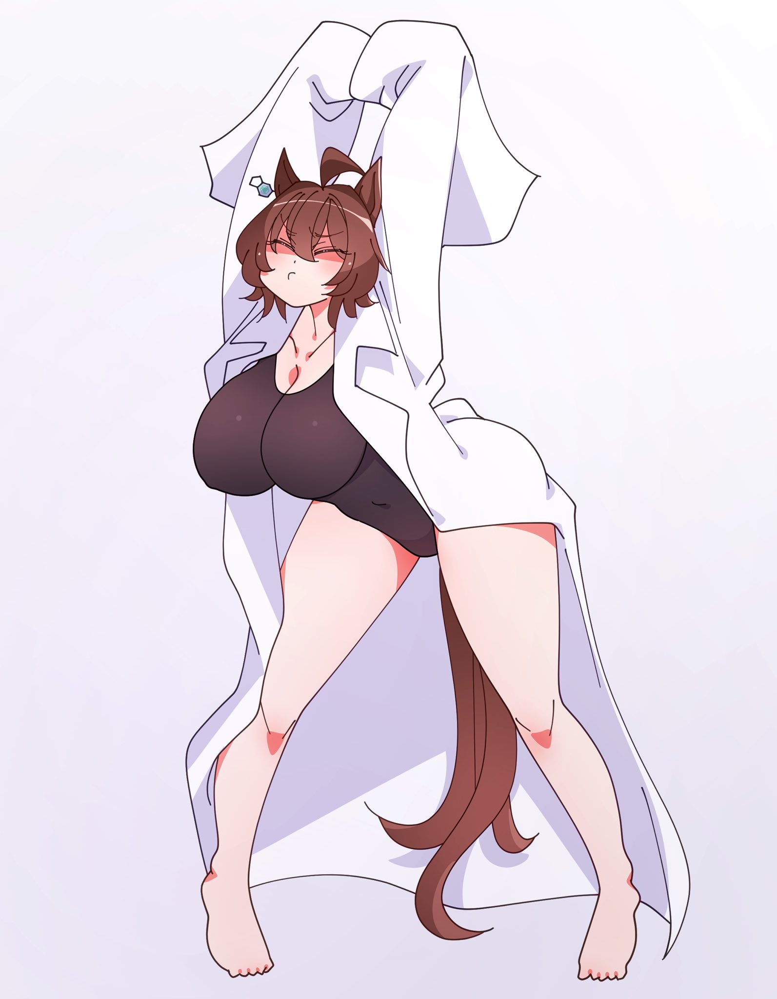 1girls, 2026, agnes tachyon (umamusume), animal ears, animal tail, arms up, bare legs, big breasts, breasts, brown hair, closed eyes, color, colored, female, female only, full body, hi res, horse tail, huge breasts, kaijin debeso, legs, light skin, light-skinned female, partially clothed, simple background, solo, tail, thick thighs, thighs, umamusume, umamusume pretty derby, white background
