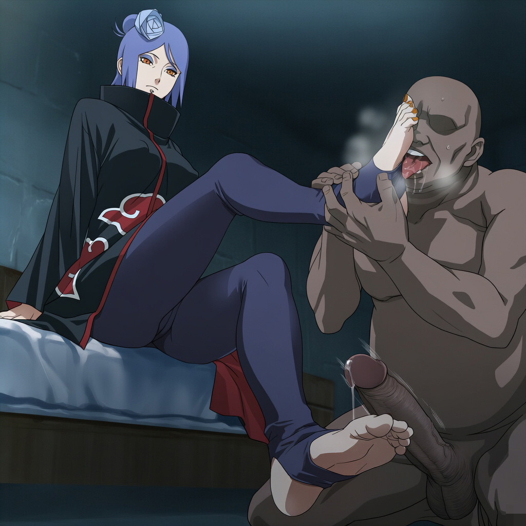 1boy, 1girls, ai generated, akatsuki (naruto), ass, barefoot, bob cut, clothed, clothing, cyber-wifu11, dark skin, dark-skinned male, dungeon, feet, feet up, female, female focus, foot fetish, foot focus, foot worship, footjob, fully clothed, hair flower, interracial, konan, legs up, licking foot, light skin, light-skinned female, looking at feet, looking down, male, male/female, medium hair, nail polish, naruto, naruto (series), naruto shippuden, obese, obese male, orange eyes, outdoors, overweight, overweight male, pale skin, pale-skinned female, penis, piercing, pinup, presenting feet, purple hair, shoulder length hair, shounen jump, soles, solo, solo female, solo focus, teenager, tight clothing, tight pants, toe curl, toe scrunch, toeless legwear, toenails, toes, voluptuous, worship