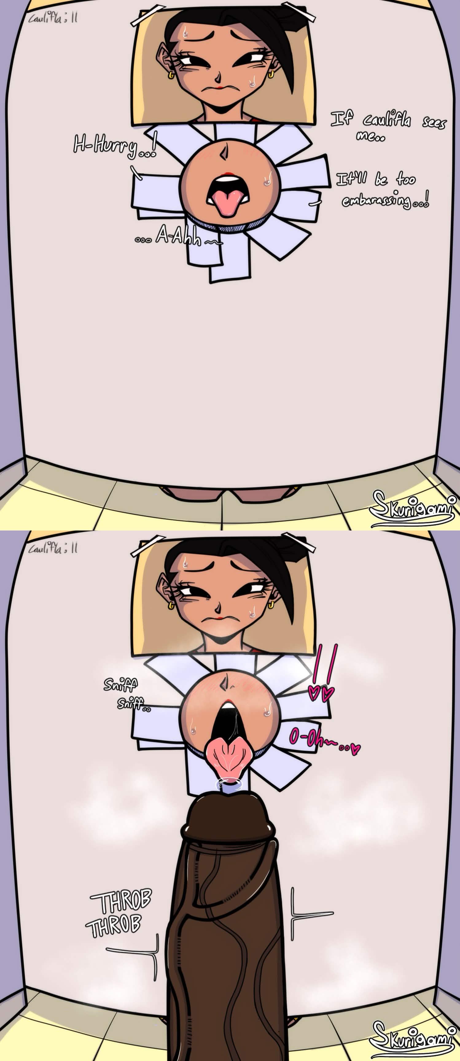 1boy, 1girls, anticipation, big penis, blush, dragon ball, dragon ball super, female, glory hole, horny, horny female, kale, lipstick, male, musk, musky cock, penis, picture on wall, precum, shy, skurigami, smelling, smelling penis, smelly cock, sniffing, sweat, throbbing penis, tongue out, wet tongue