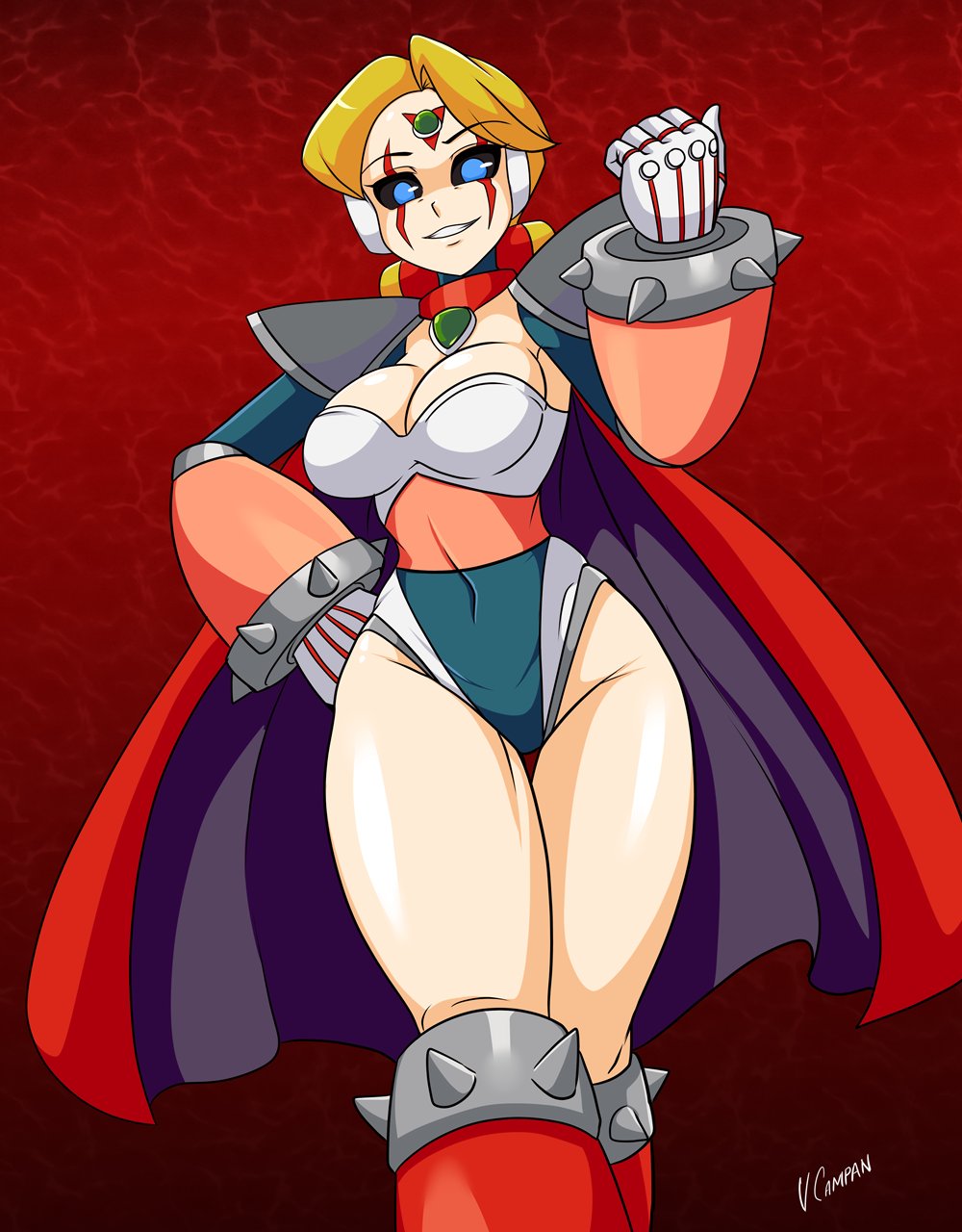 1girls alia big_breasts black_eyes blonde_hair blue_eyes clothing dominant dominant_female fusion fusion_character hand_on_hip mega_man mega_man_x neckline red_cape robot_girl short_hair sigma_(mega_man) smile solo solo_female vcampan white_gloves