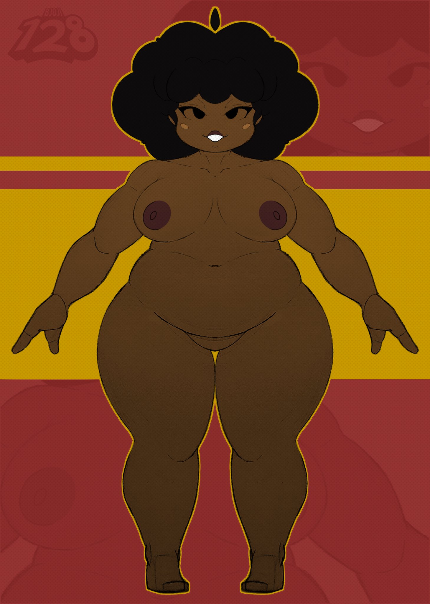 afro hair, big breasts, carol (bbpanzu), chubby, chubby belly, chubby female, dark hair, dark nipples, dark skin, dark skinned female, dj0ji128, friday night funkin, friday night funkin mod, front view, full body, fully nude, large breasts, lipstick, model sheet, modeling, nude, nude female, pussy, pussy peek, reference sheet, smiling at viewer, thick thighs, thighs