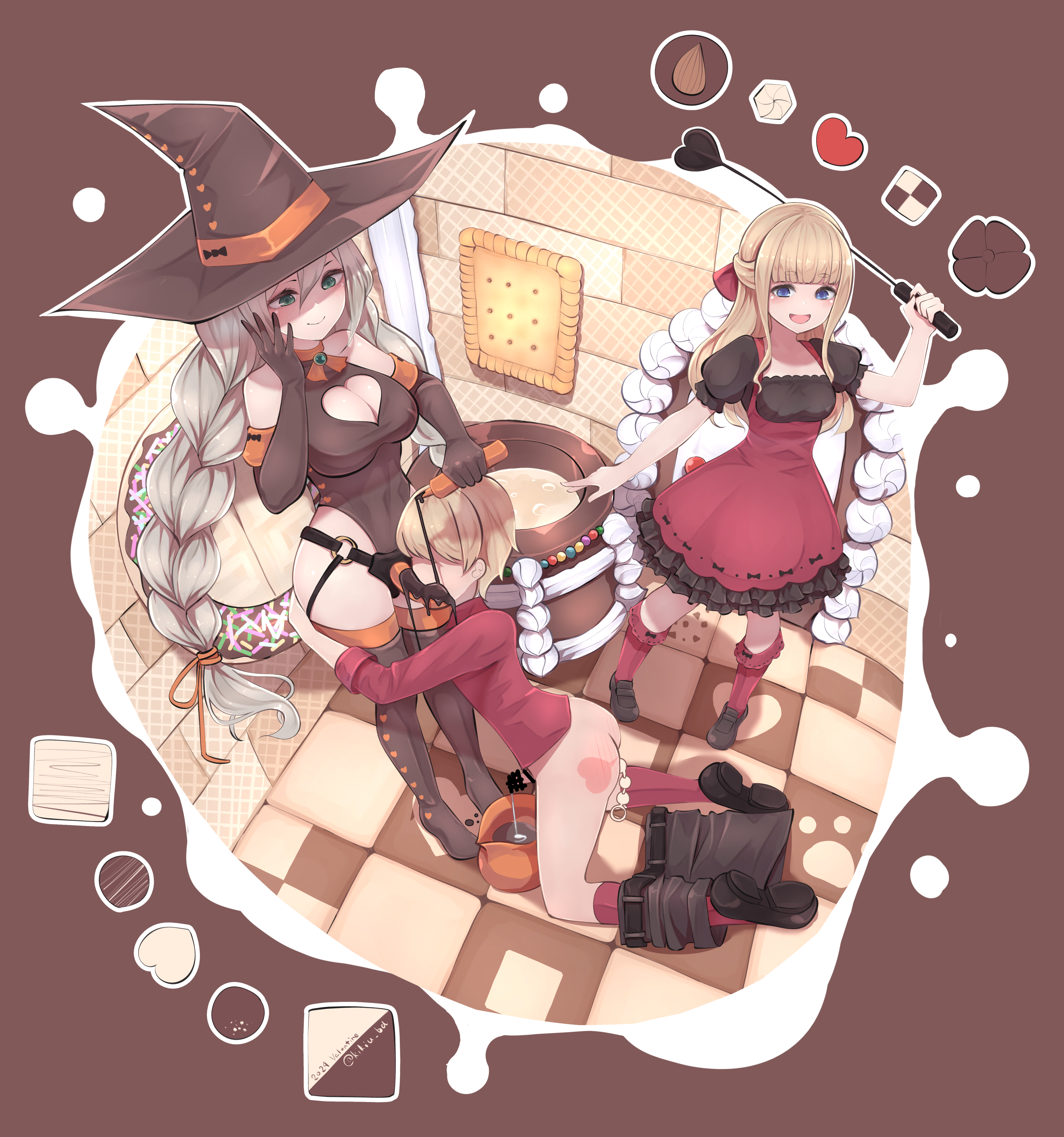 1boy, 2girls, absurdres, anal, anal beads, anal object insertion, ass, belt, blonde, blonde female, blonde hair, blonde hair female, blonde male, blonde-haired female, blonde-haired male, blue eyes, boob window, braid, breasts, brother and sister, cauldron, censored, chocolate, cleavage, cookie, cum, dildo, donut, dress, femdom, food, gloves, green eyes, gretel, grey hair, grimms' fairy tales, hair between eyes, hansel, hansel and gretel, hat, heart, highres, hourglass figure, kikiu bd, kneehighs, large breasts, leotard, medium breasts, multiple girls, object insertion, penis, riding crop, sex toy, shaded face, siblings, sister and brother, sisters, socks, spank marks, spanking, spanking butt, spanking marks, strap-on, thick thighs, twin braids, valentine's day, witch, witch costume, witch hat