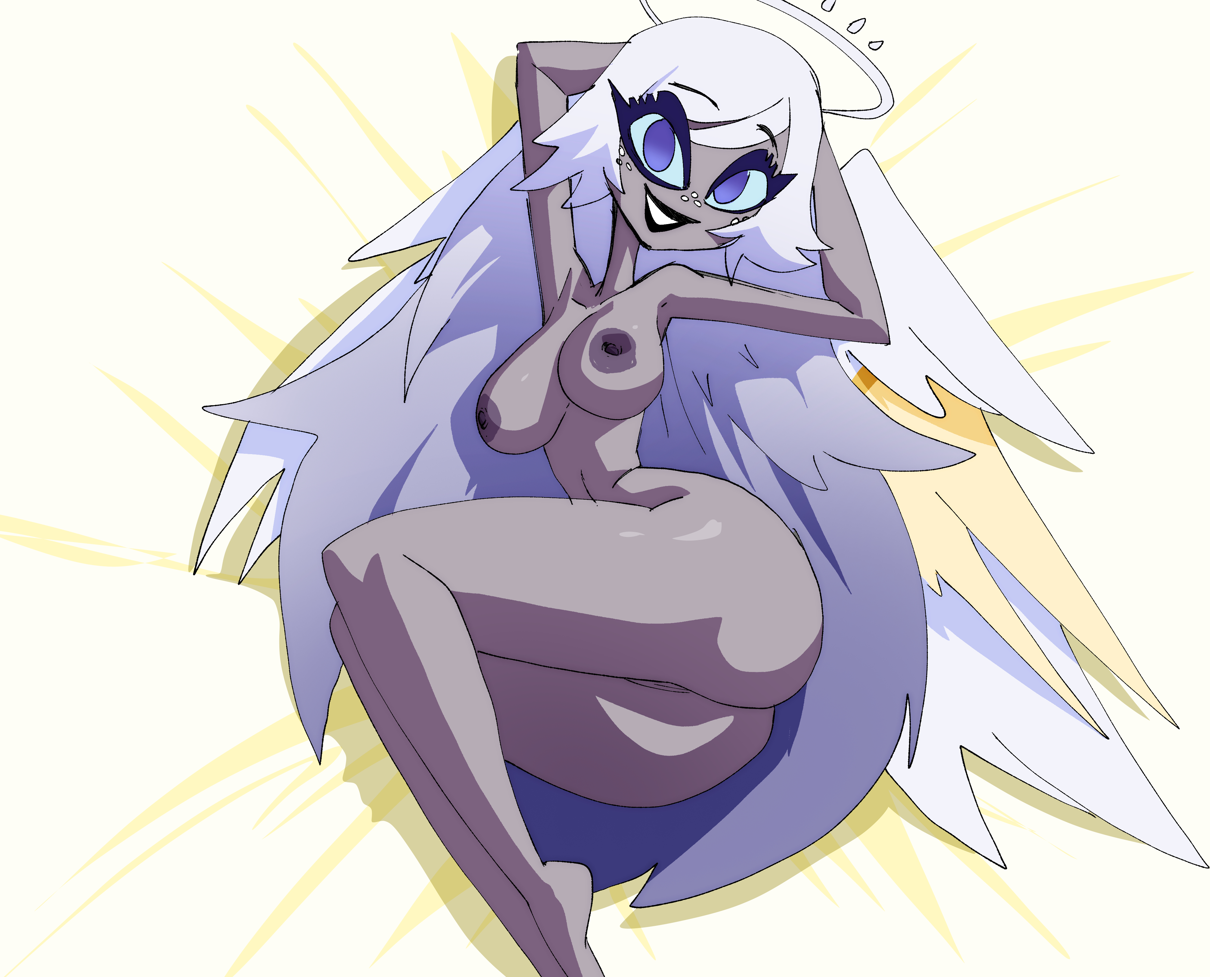 1girls, angel, angel wings, armpits, arms behind head, arms up, ass, barefoot, big hair, blue eyes, borrowed character, breasts, colored nipples, colored sclera, colored skin, completely nude, coolerinker, dark nipples, dark-skinned female, emily (hazbin hotel), female, grey skin, halo, hazbin hotel, inker comics, inkershike, large breasts, legs together, long hair, looking at viewer, lying, medium breasts, multicolored hair, nipples, nude, on side, purple eyes, pussy, smile, solo, very long hair, white hair, white wings, wings, yellow sclera