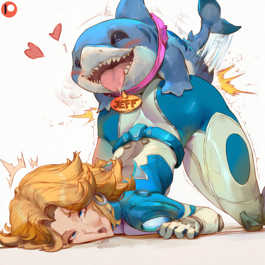 1boy, 1girls, ai generated, all fours, blonde hair, blue eyes, blush, doggy style, drooling, earrings, face squish, female, hearts around head, impact lines, invisible woman, invisible woman (marvel rivals), jeff the land shark, larger female, lucakp, male, marvel, marvel rivals, monster, monster on female, mounting, open mouth, patreon, patreon link, patreon logo, patreon reward, patreon url, patreon username, shark, shark tail, sharp teeth, simple background, smaller male, sue storm, tagme, thrusting, thrusting into ass, tongue out, zoophilia