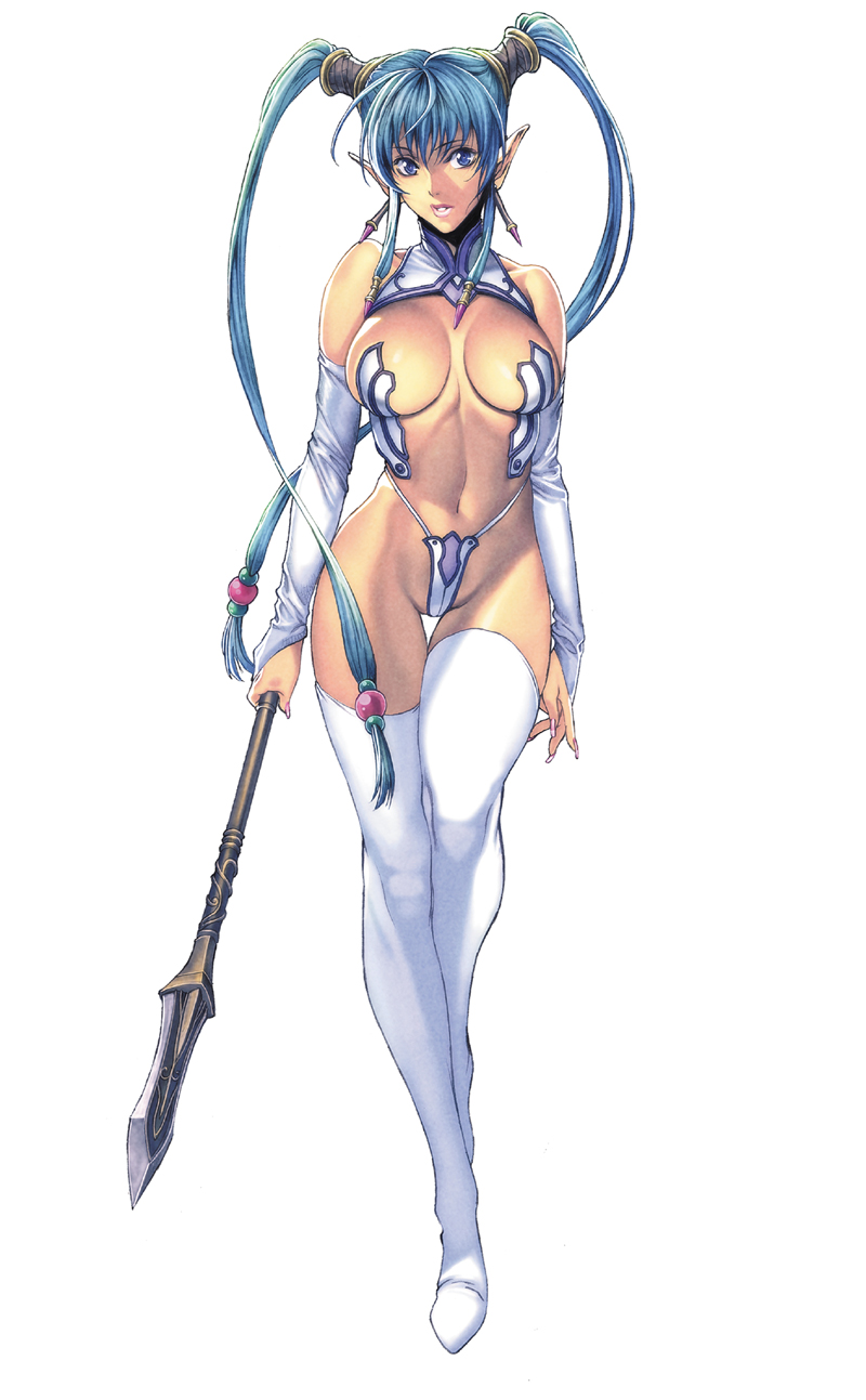 blue hair, elbow gloves, elf, female, female only, homare (fool's art), solo, staff, thighhighs
