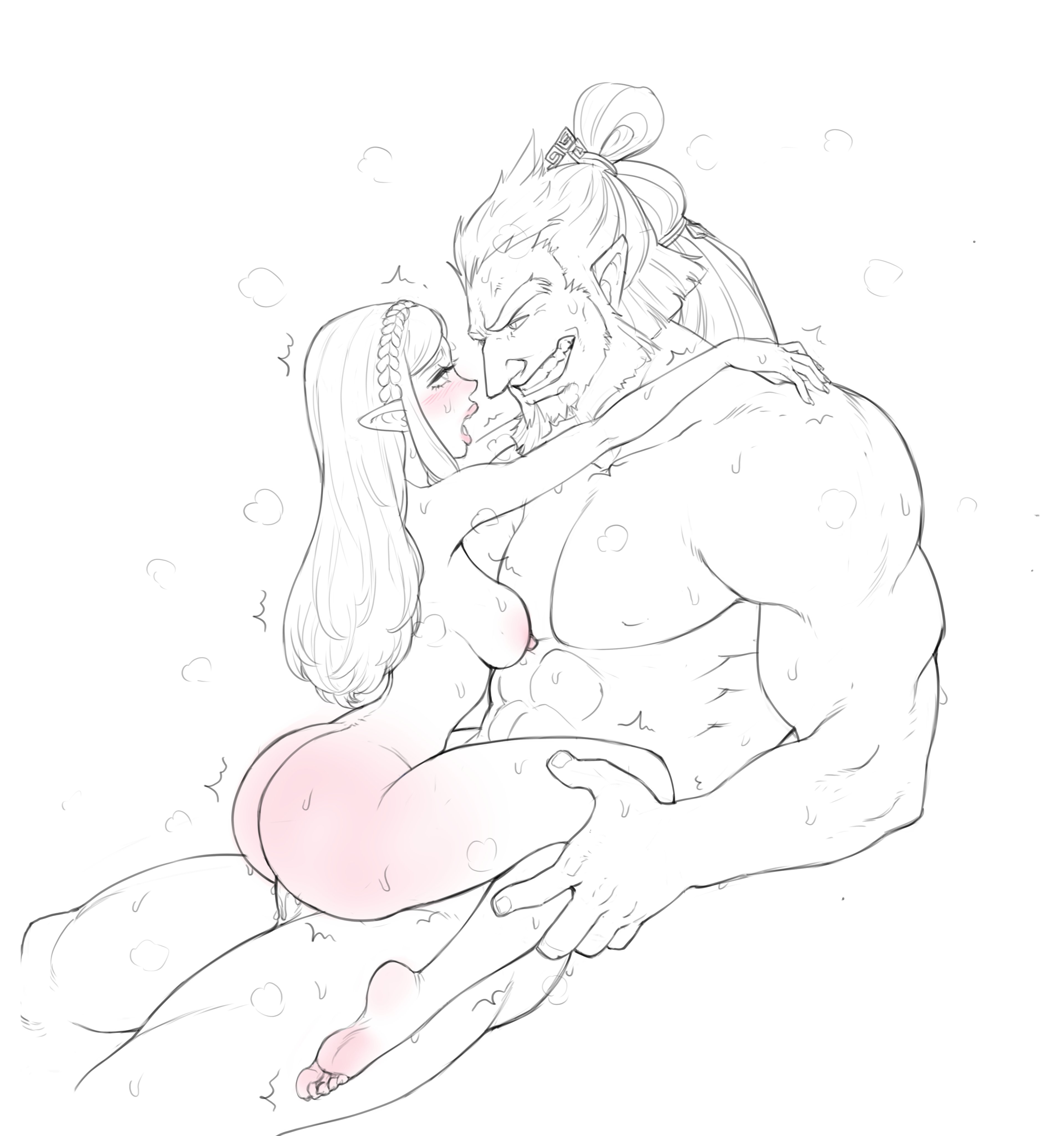 1boy, 1girls, 2d, arms around neck, arms around partner, big ass, big hands, big male, black and white, blush, breath, breath cloud, breath of the wild, completely nude, completely nude female, digital media, enemies, enemies having sex, eye contact, female, ganondorf, heavy breathing, huge hands, king, large male, legoman, lips, male, male and female focus, man bun, muscular male, nintendo, on lap, open mouth, pink lips, pink nipples, princess, princess zelda, royalty, sex, size difference, straight, sweat, the legend of zelda, tremble lines, tremble spikes, trembling, vaginal penetration, vaginal sex, villain, villain on heroine, zelda (breath of the wild)